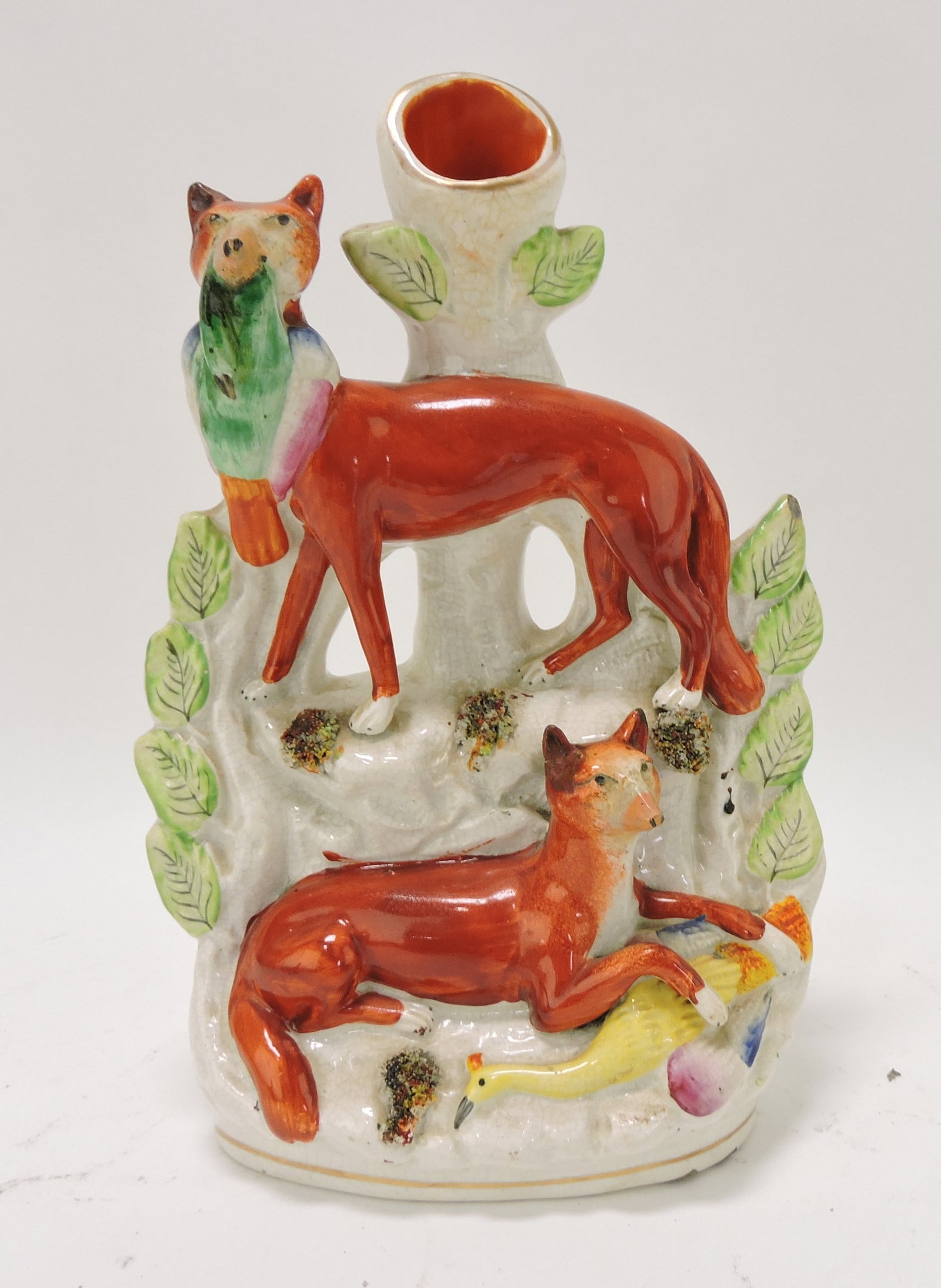 Staffordshire fox spill vase, 9": .