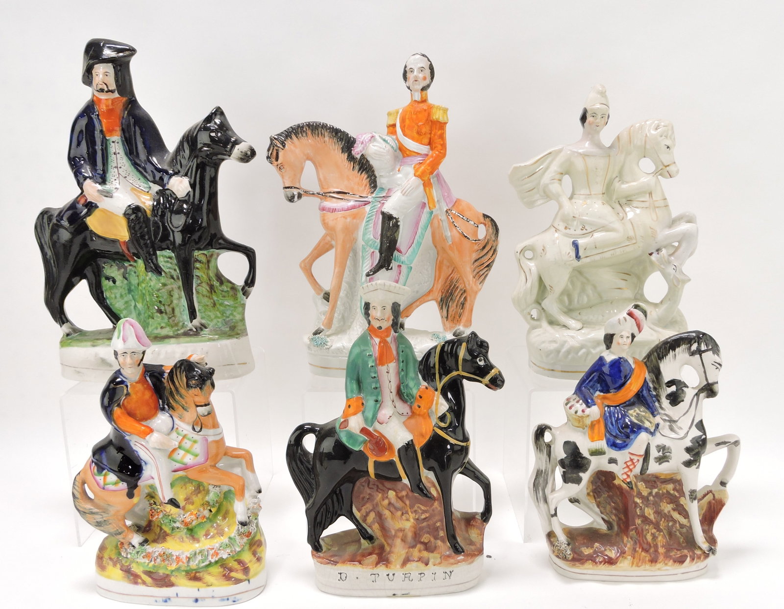 Staffordshire lot of 6 equestrian: figures, 9 to 12", various condition