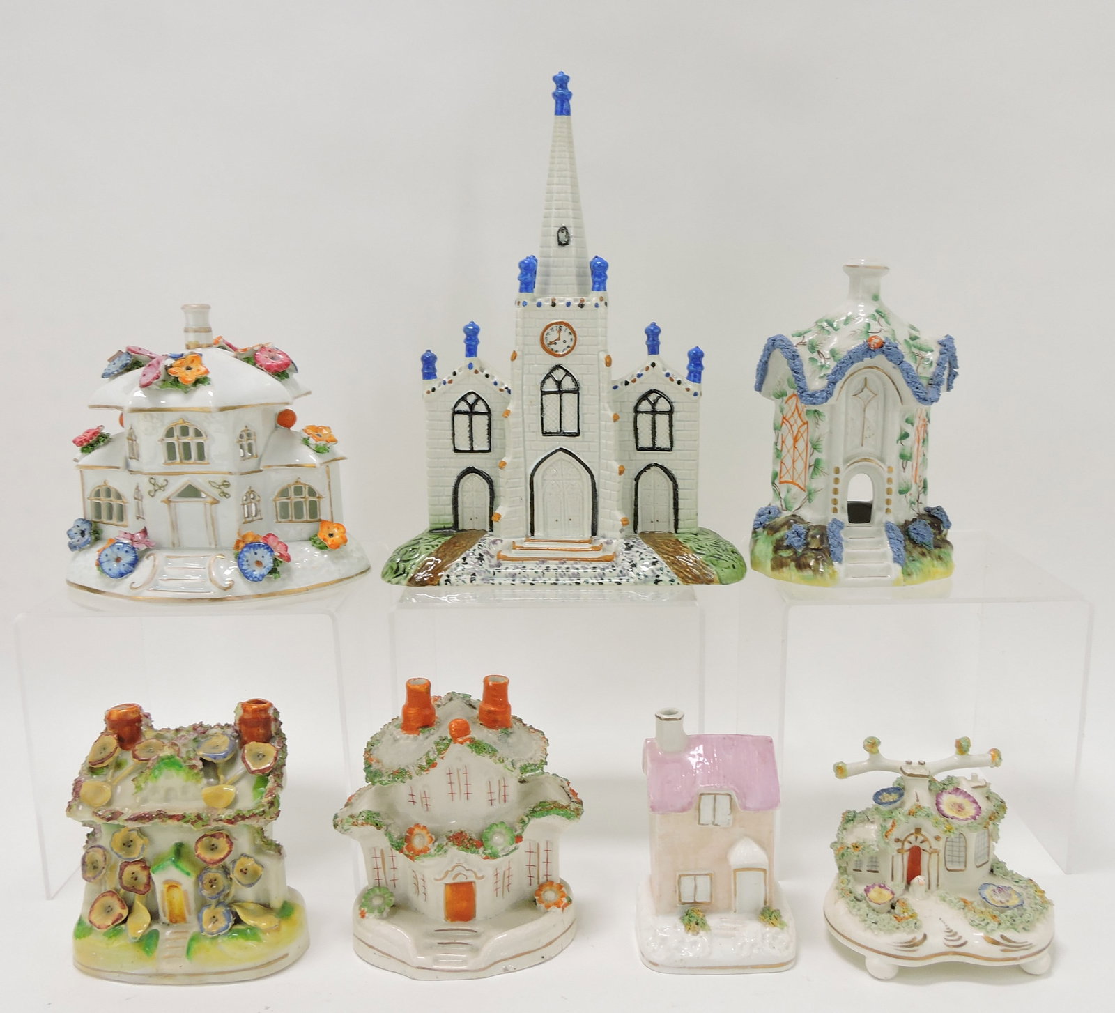 Staffordshire lot of 7 buildings and: burners, various condition