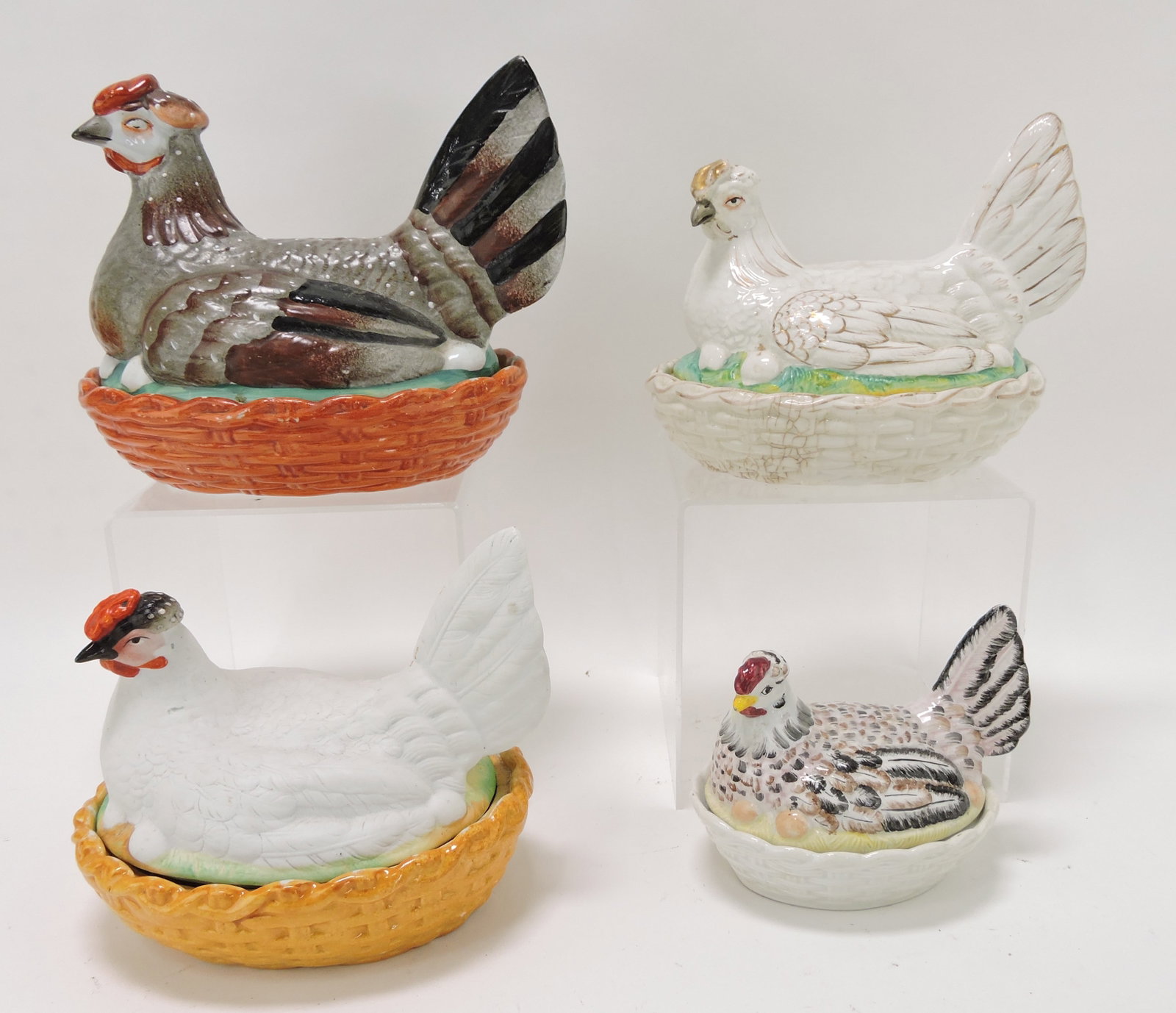 Staffordshire lot of 4 hens on nests,: various condition