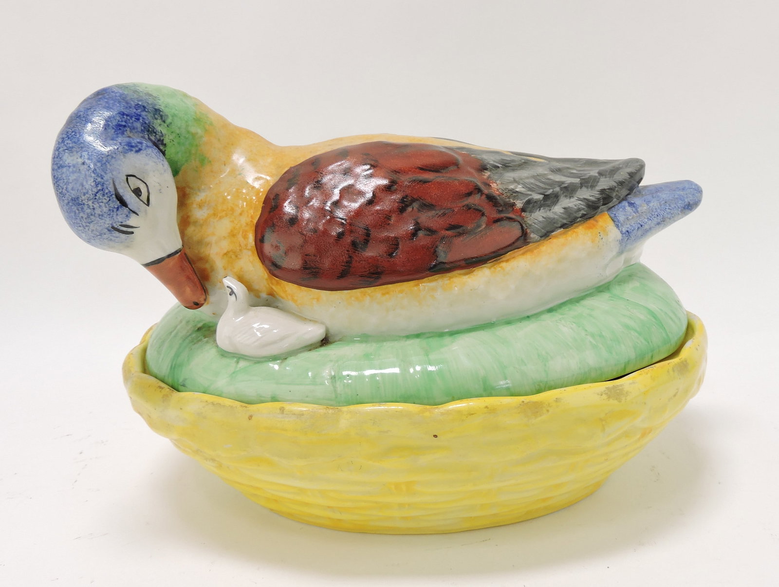 Staffordshire duck with duckling: covered dish, 7"h