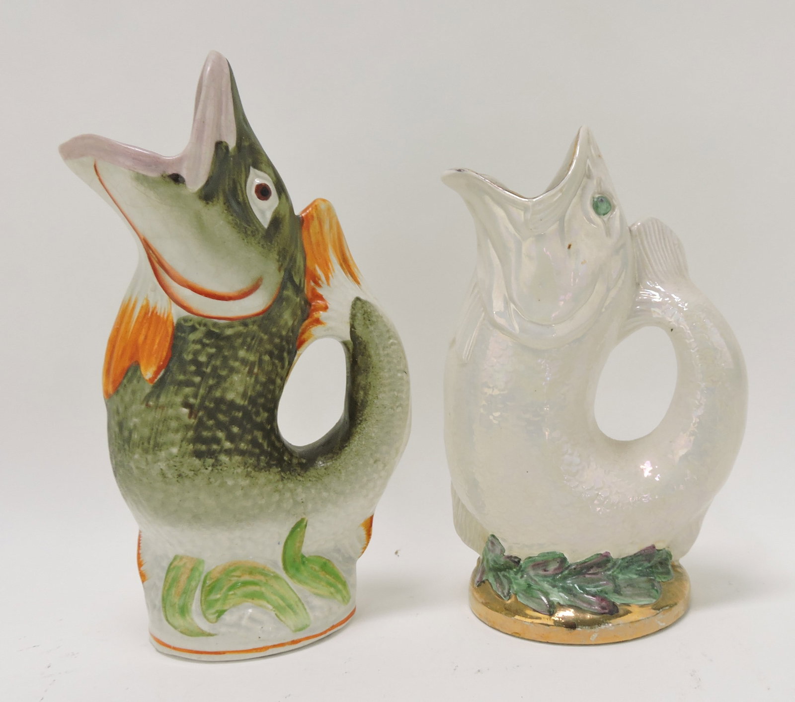 Staffordshire lot of 2 gurgling fish: pitchers, 8 1/2" & 9 1/2"