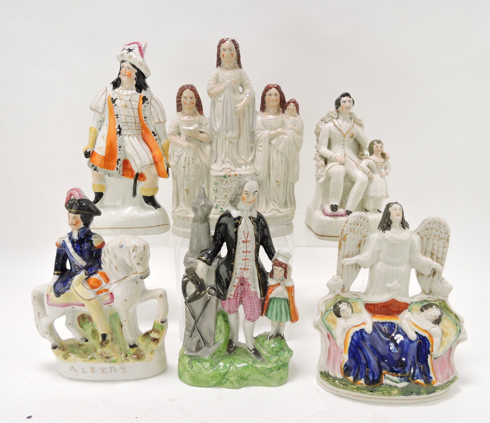 Staffordshire lot of 6 figures, various: condition, 8 to 10"