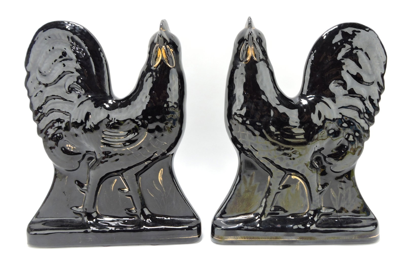 Staffordshire Jackfield pair of chickens,: 12"