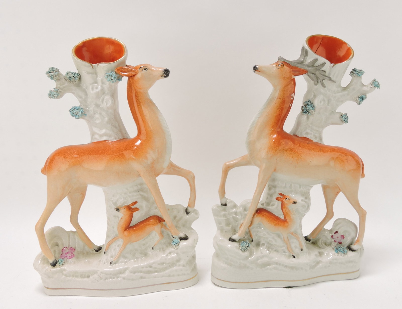 Staffordshire pair of deer spill vases,: 12"