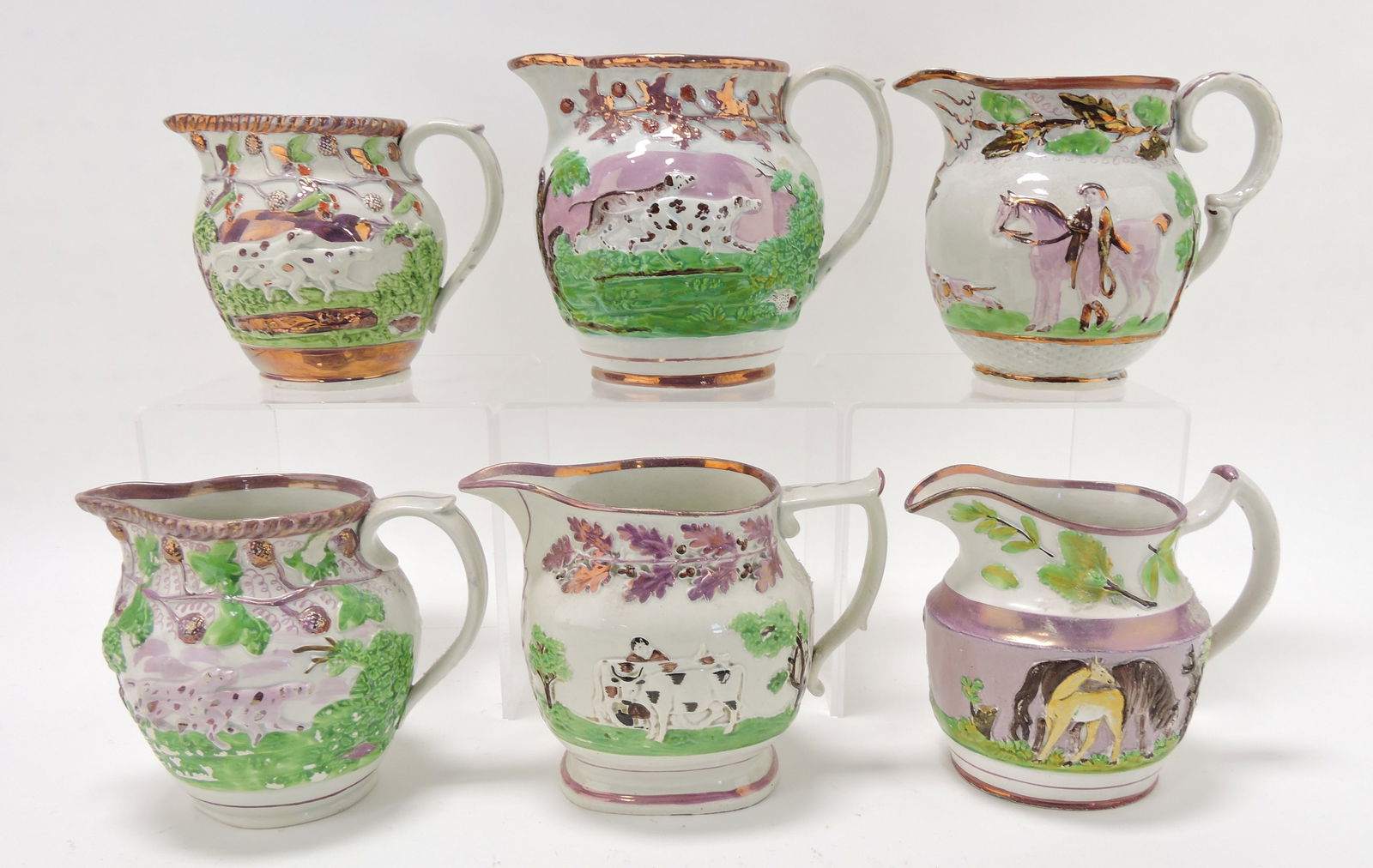 Sunderland pink luster lot of 6 pitchers, (1 of 2)