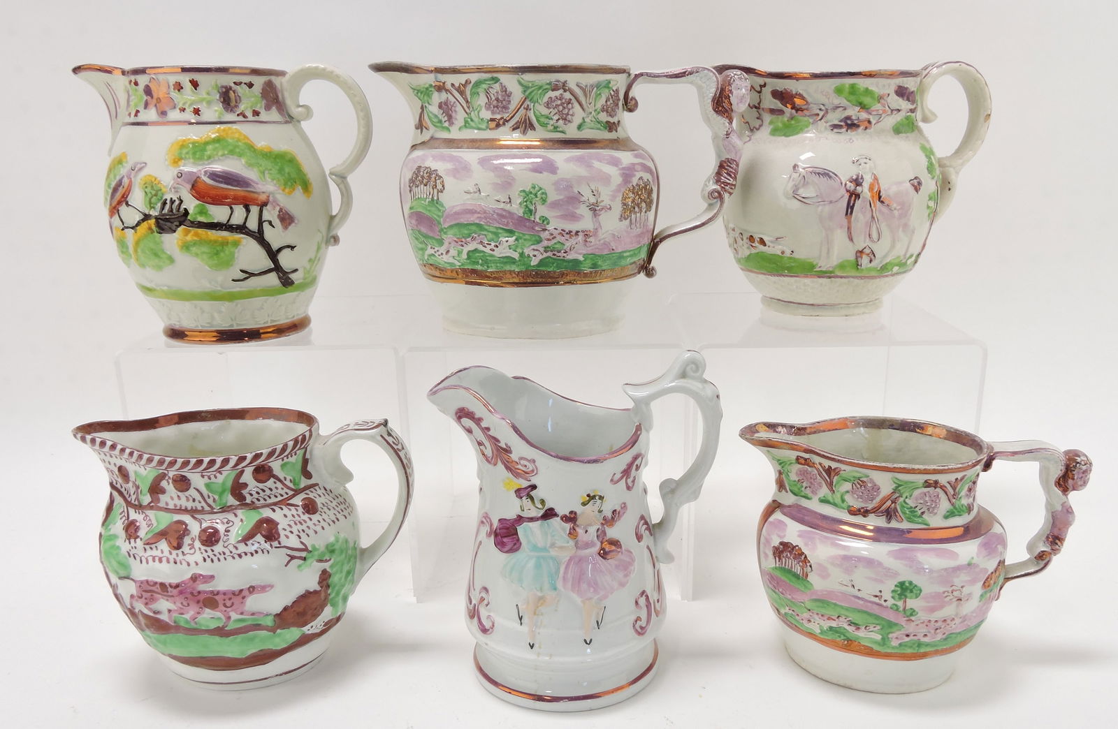 Sunderland pink luster lot of 6 pitchers, (1 of 2)