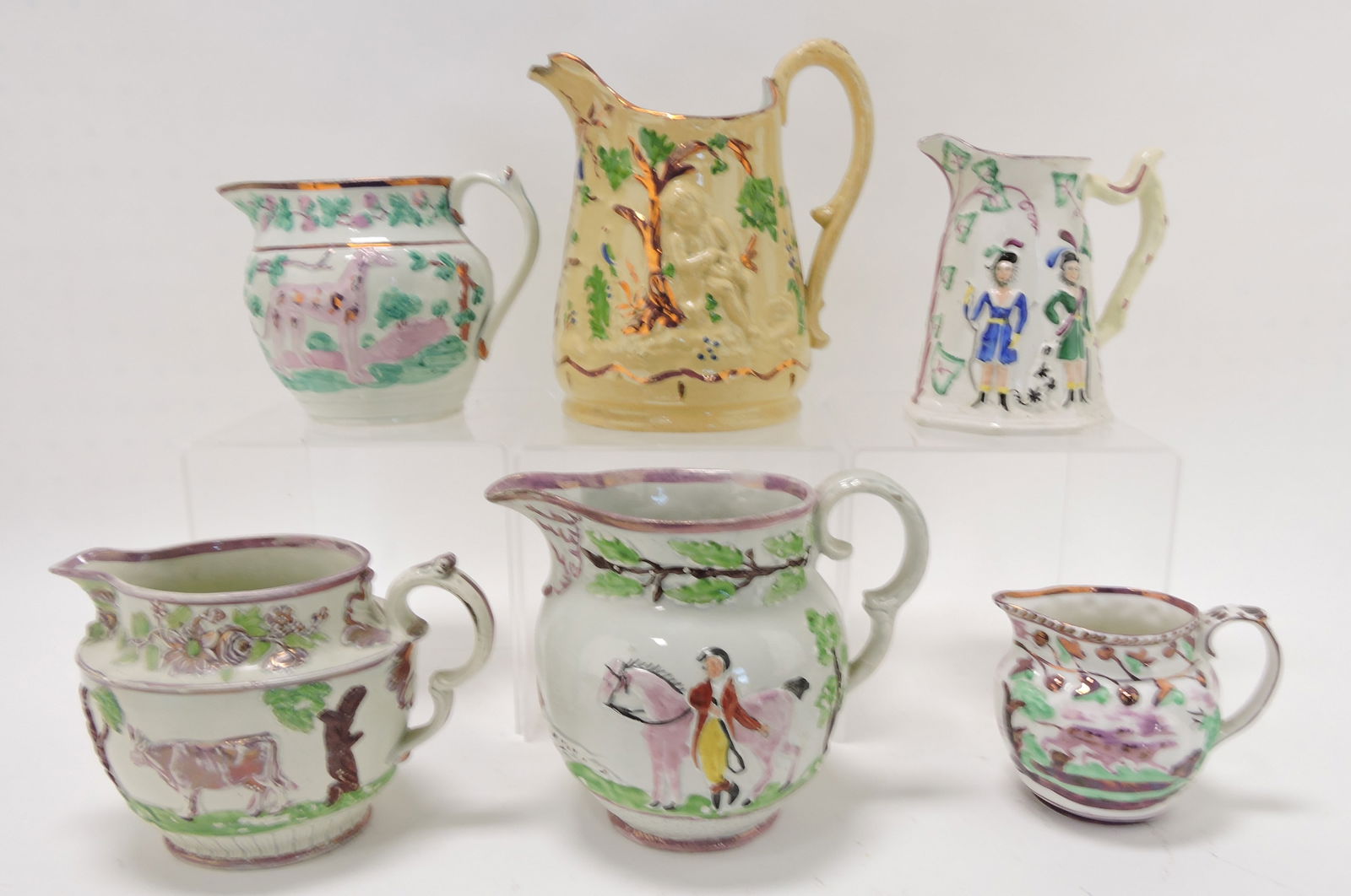 Sunderland pink luster lot of 6 pitchers, (1 of 2)