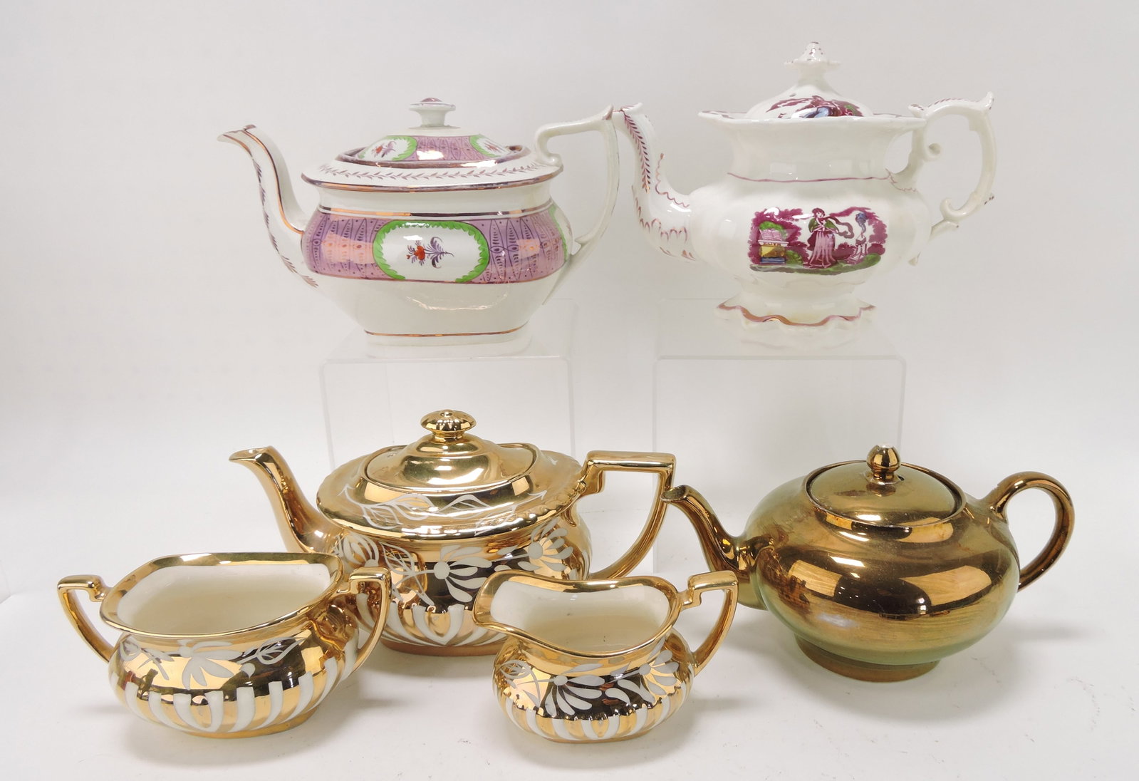 Lusterware lot of 4 teapots, one with: cream & sugar, various condition