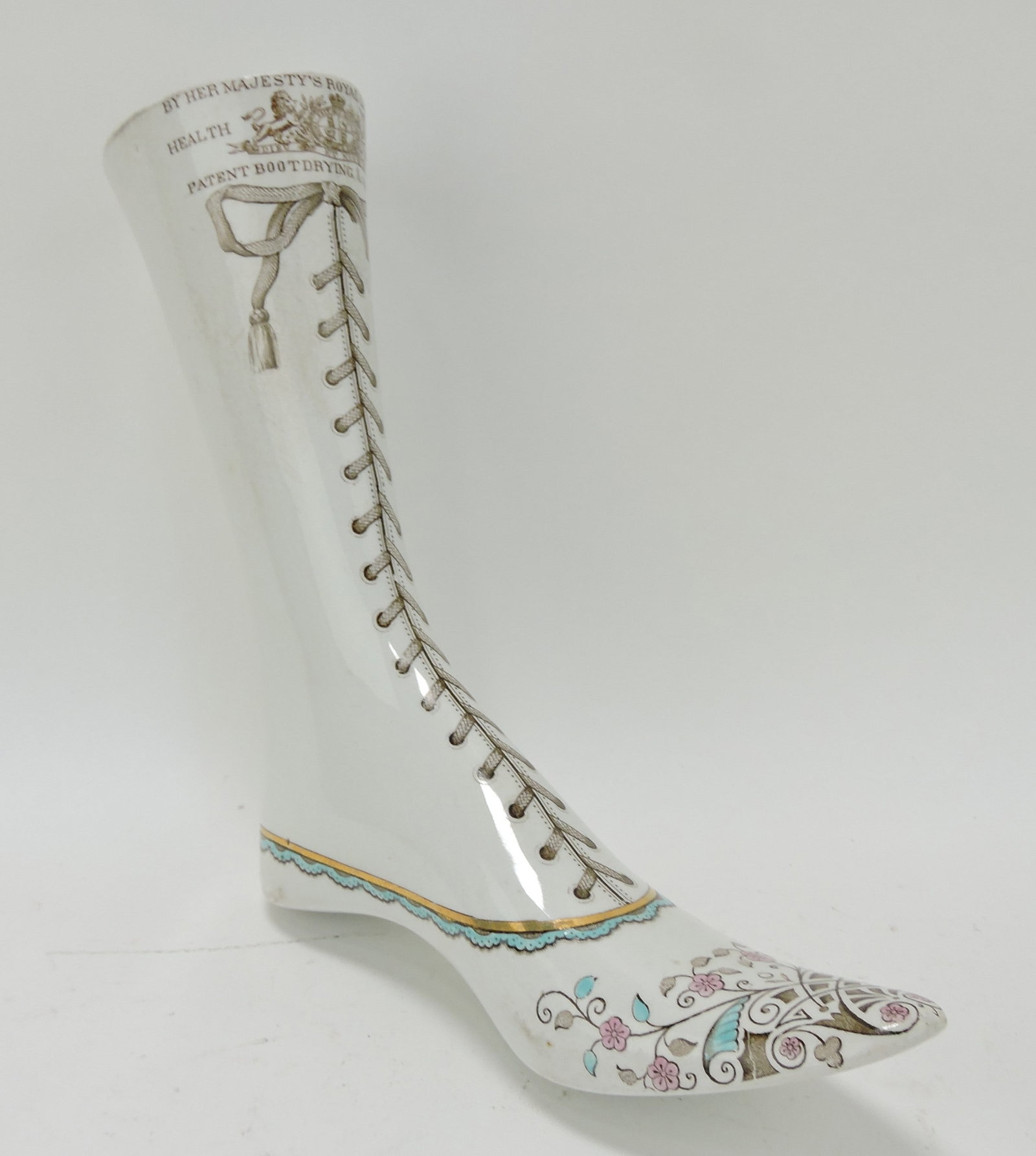Staffordshire shoe last, 'Her Majesty's: Royal Letters Patent, Health Comfort Patent Boot Drying & Warming Last', 10 1/2"