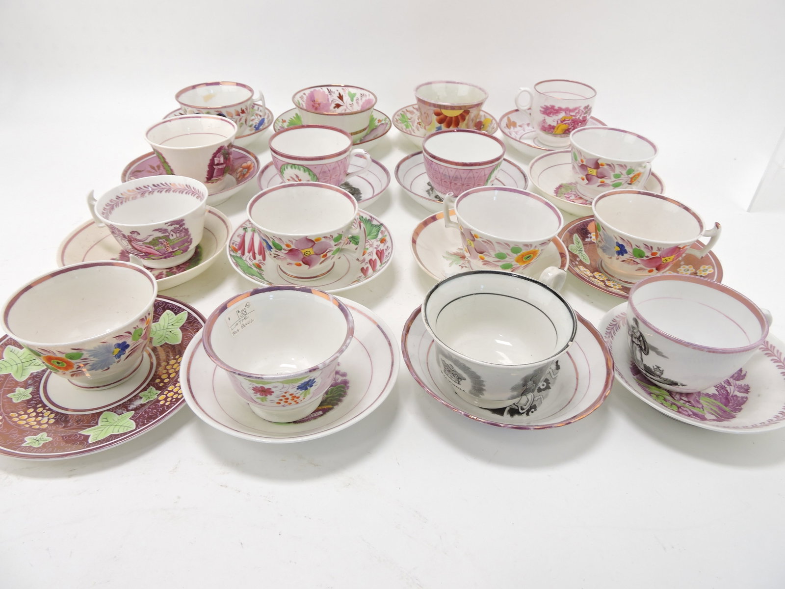 Sunderland pink luster lot of 16 cups &: saucers, some sets, some mismatched
