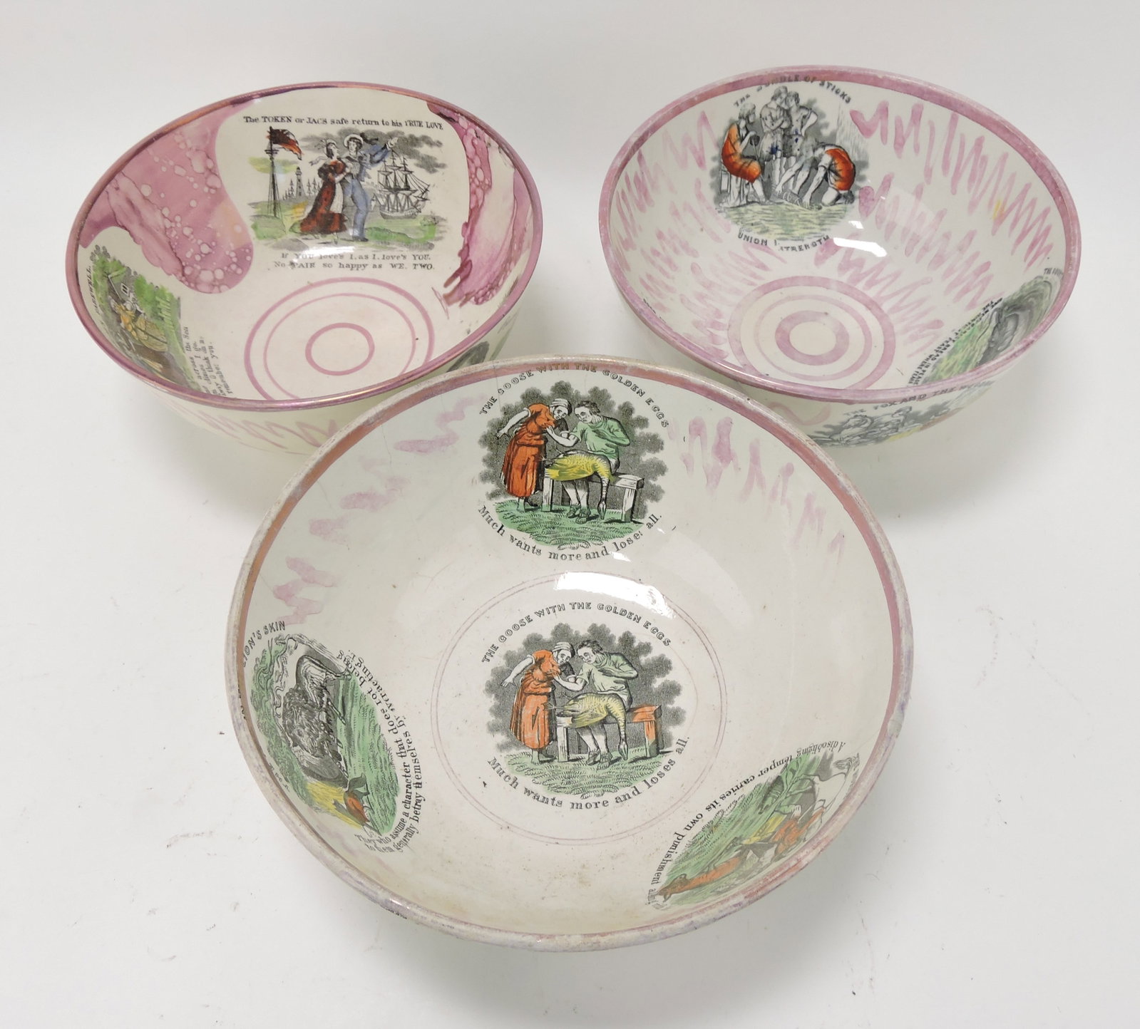 Sunderland luster lot of 3 bowls,: 9 to 10", various condition