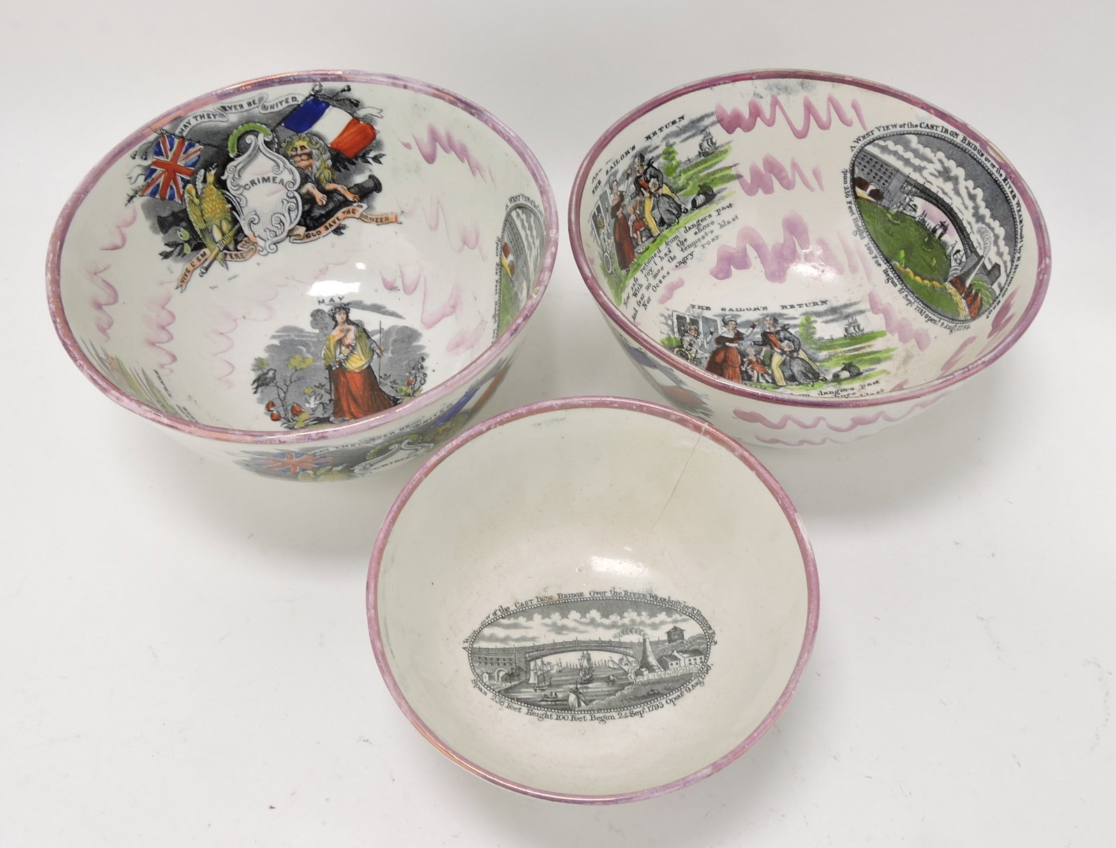 Sunderland luster lot of 3 bowls,: 6 1/2 to 8 1/2", various condition