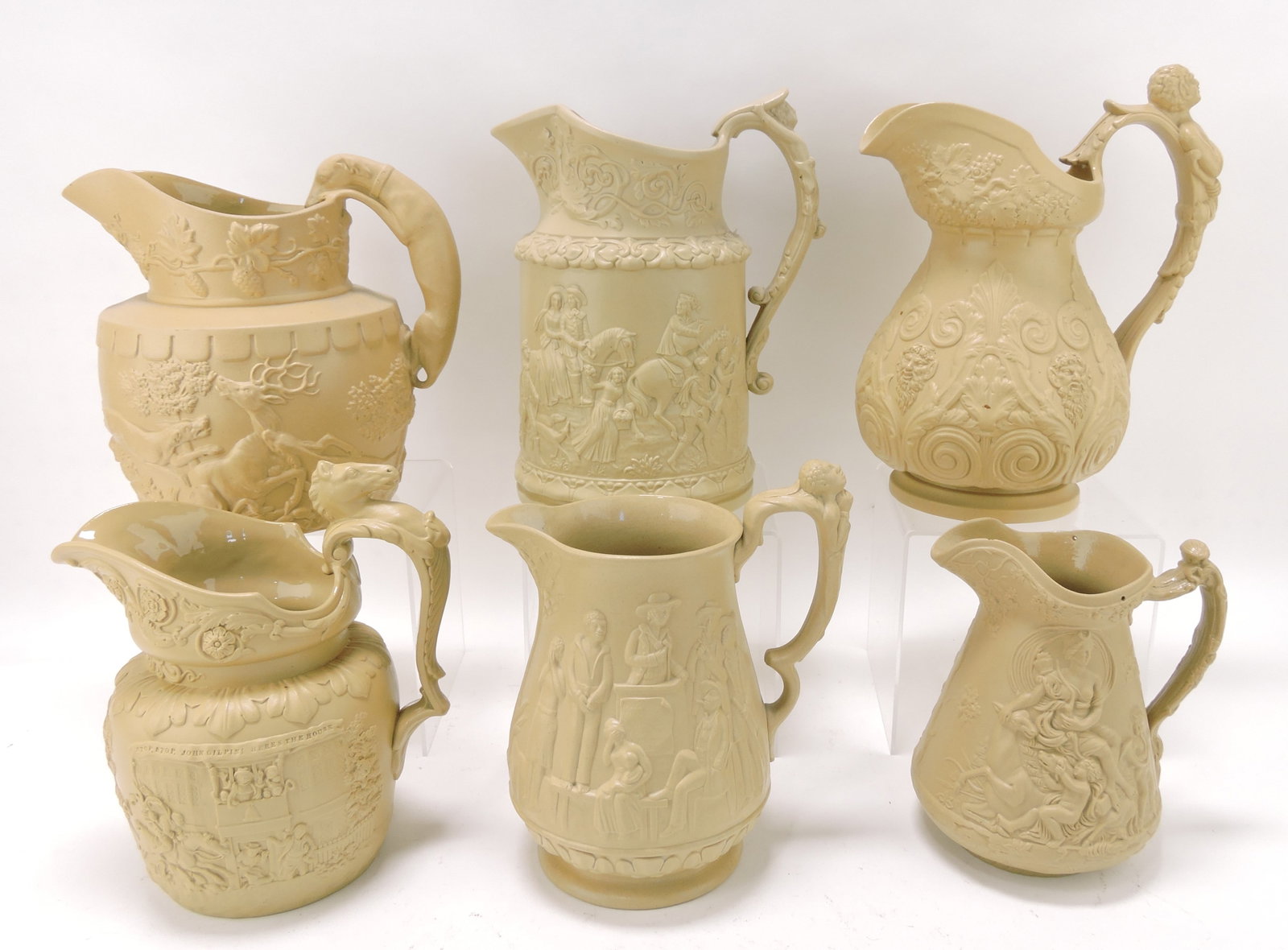 Lot of 6 English molded jugs, 7 to: 10 1/2", various condition