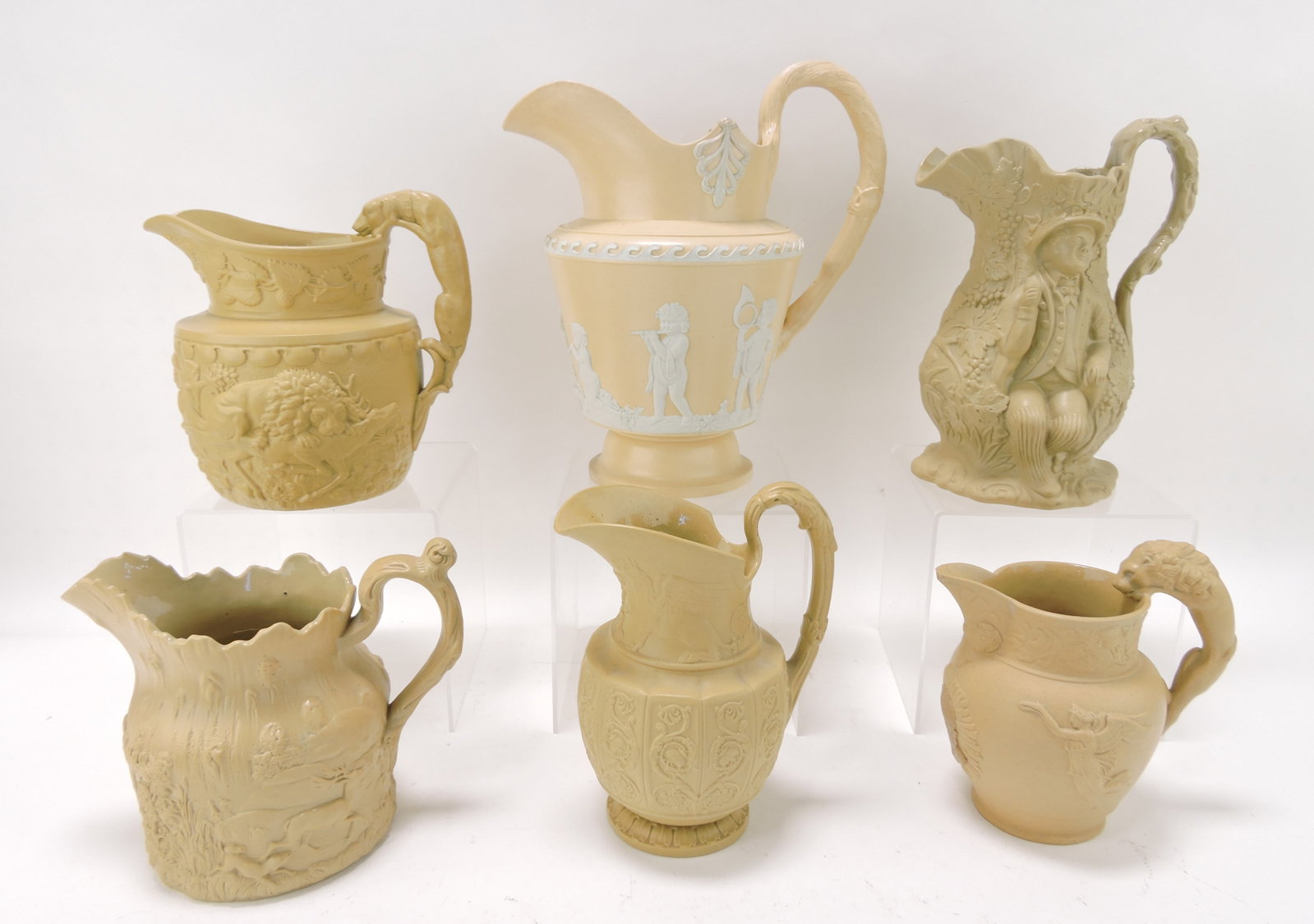 Lot of 6 English molded jugs,: 6 1/2 to 10 1/2", various condition