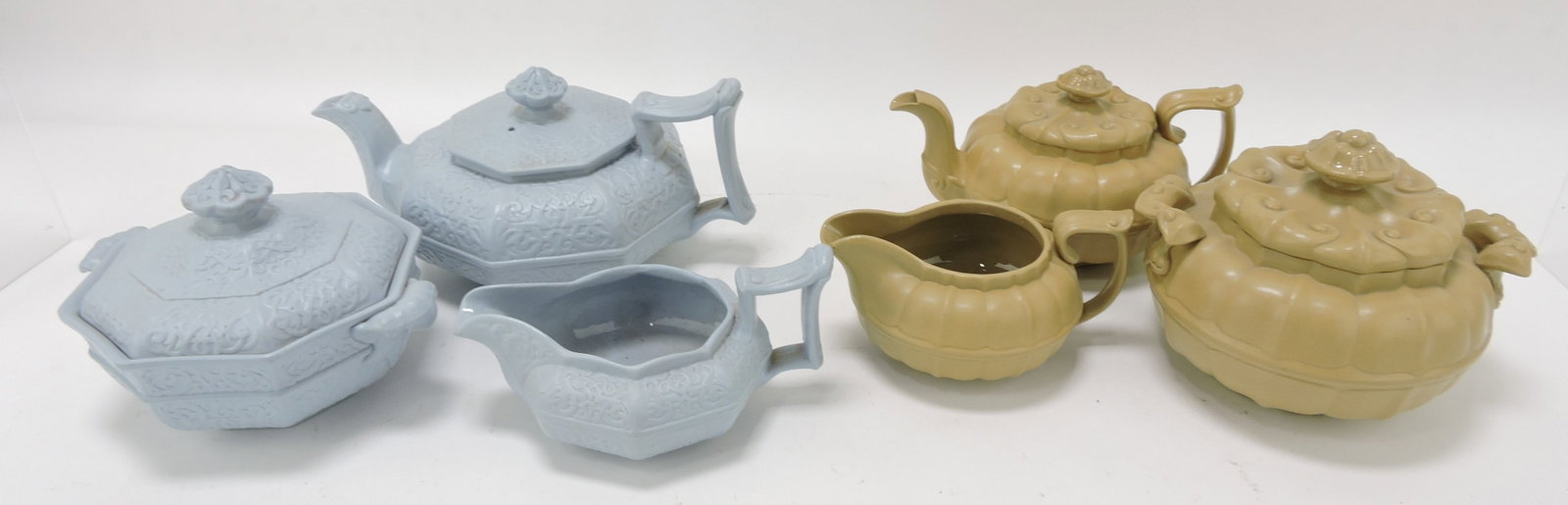 Lot of 2 English molded 3 piece: tea sets - Ridgeway Alhambra and tan set