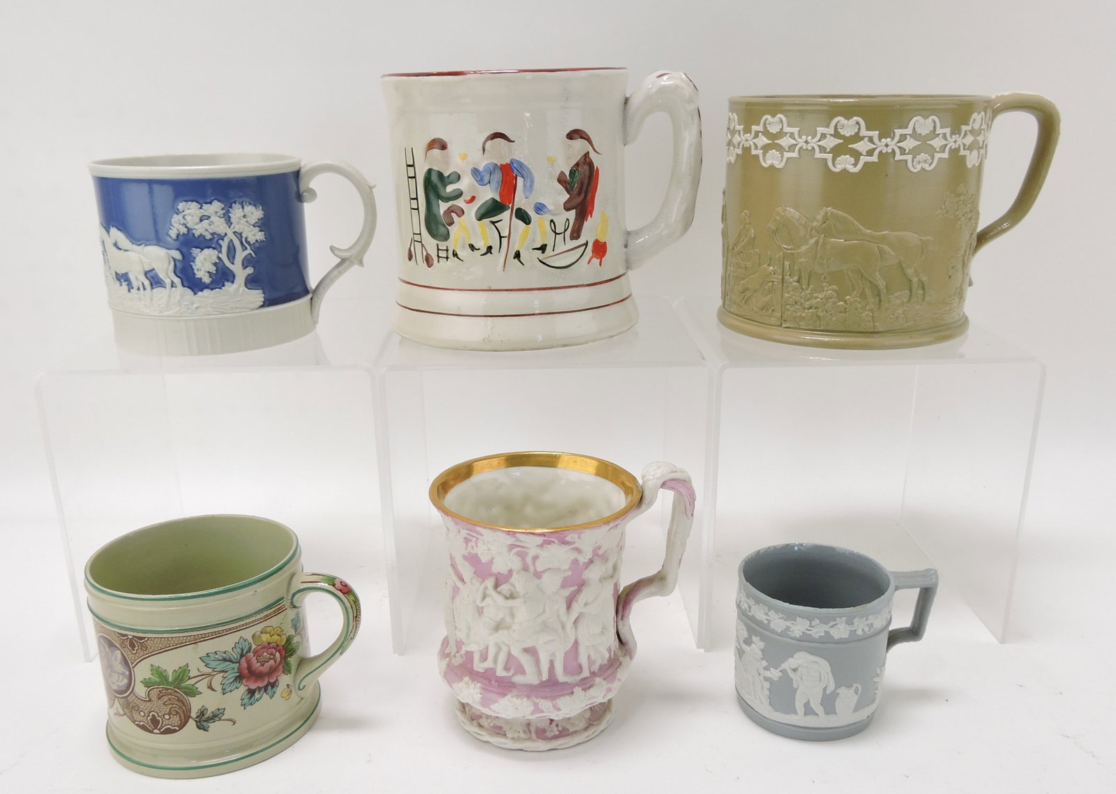 Staffordshire and English molded lot of: 6 mugs, various condition