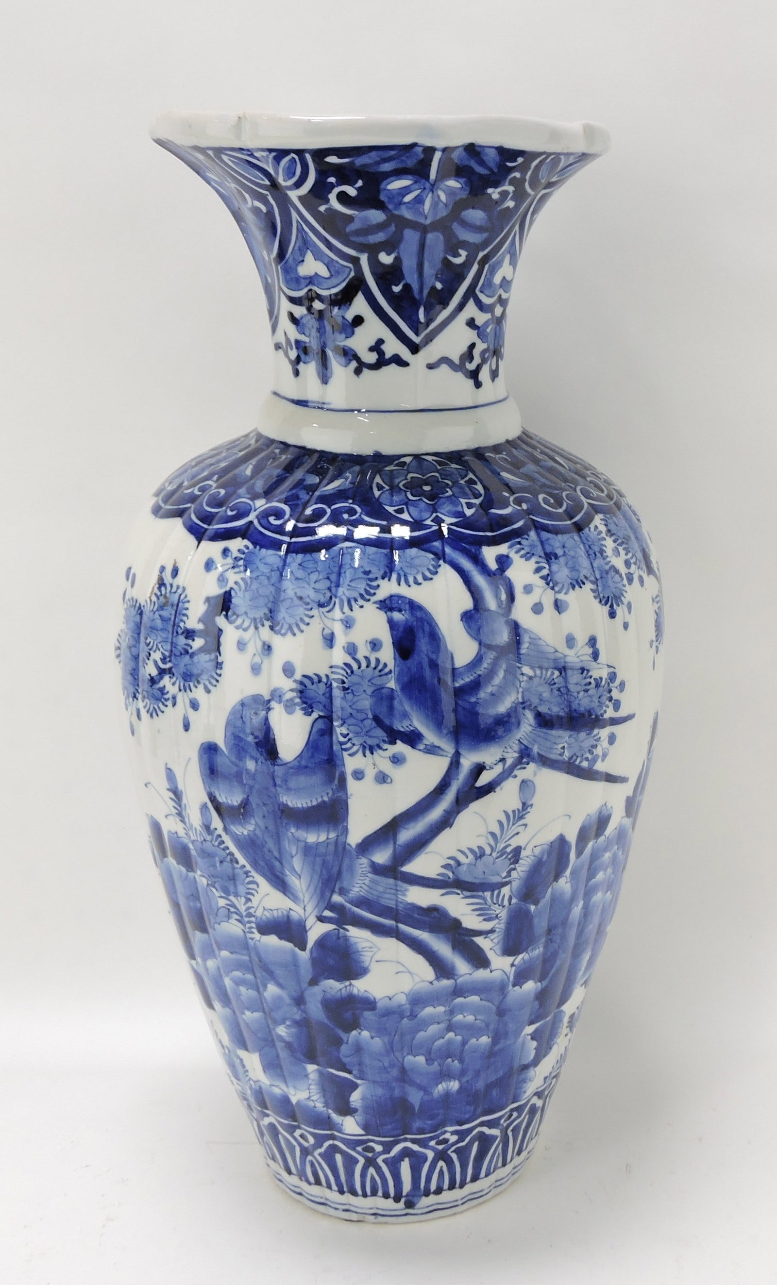 Oriental blue & white vase with birds,: 18"