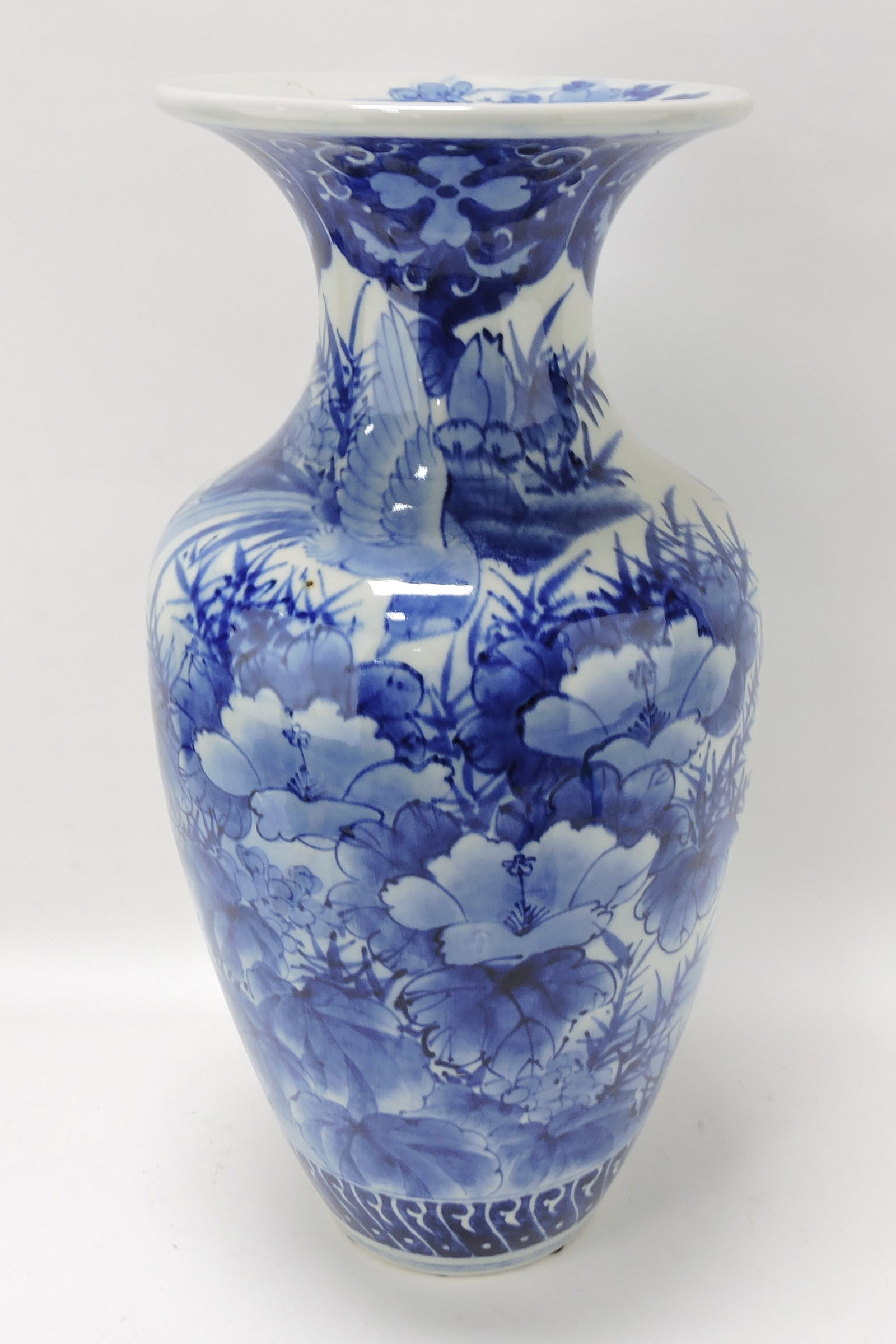 Oriental blue & white vase with birds: and flowers, 18 1/2"