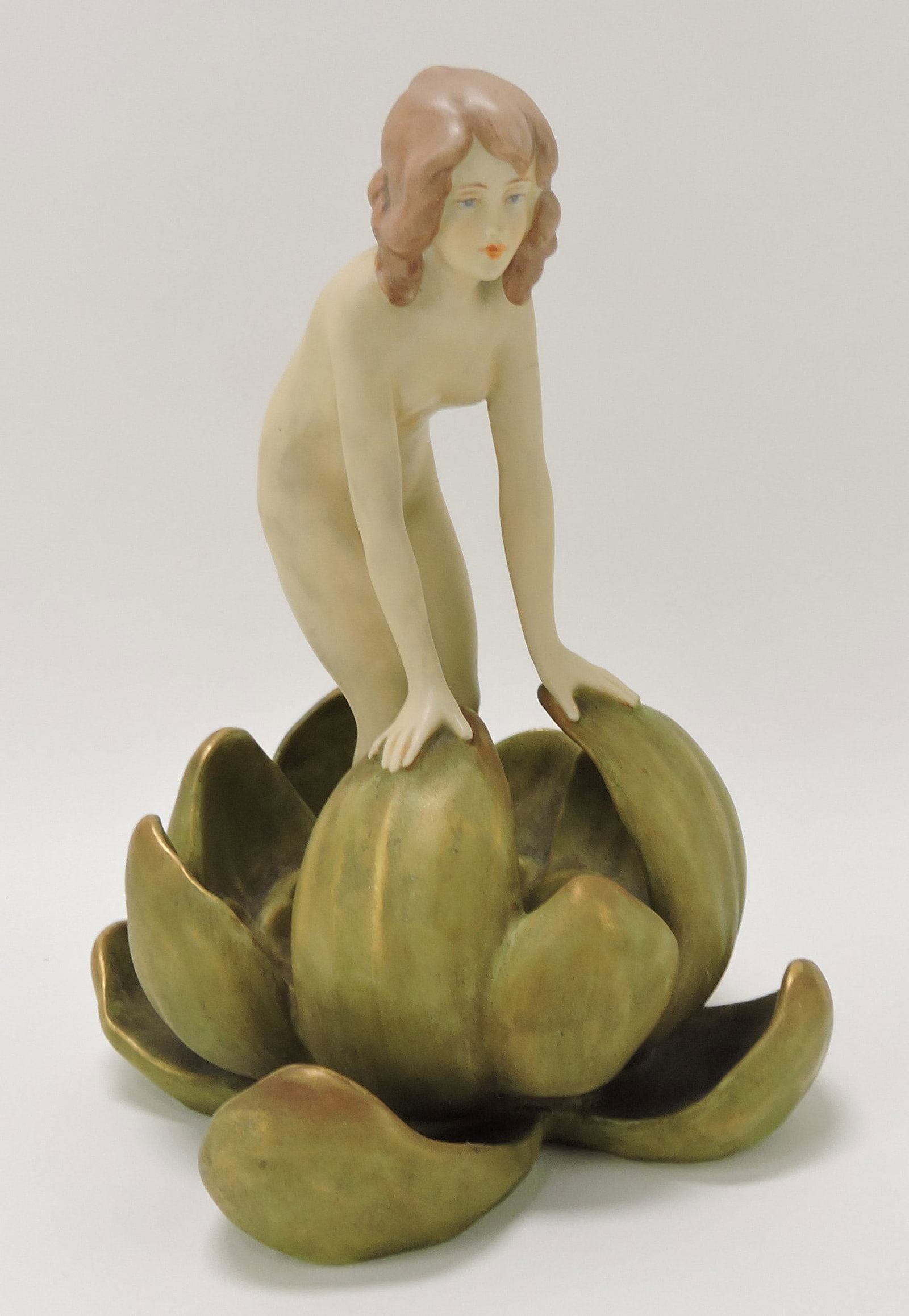 Royal Dux Art Nouveau nude lady: figure with lily flower, 9"
