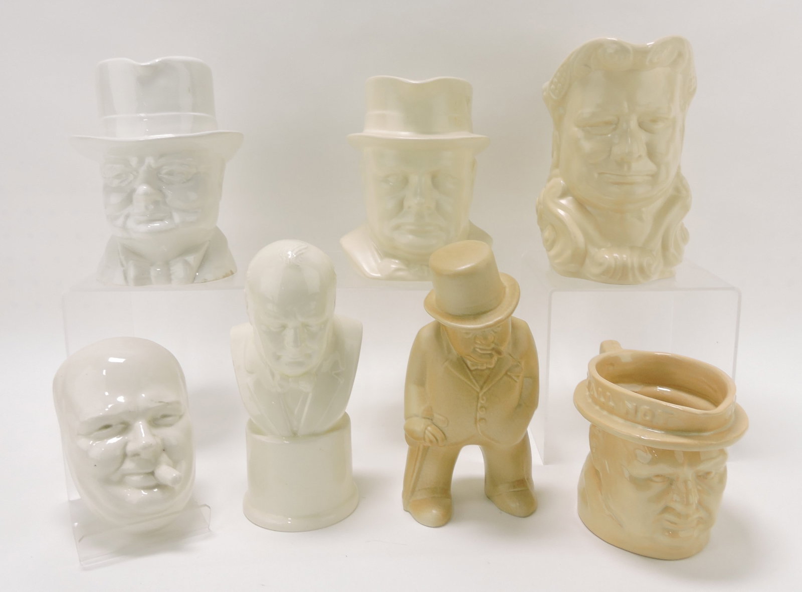 Winston Churchill lot of 7 character jugs,: busts, and figures