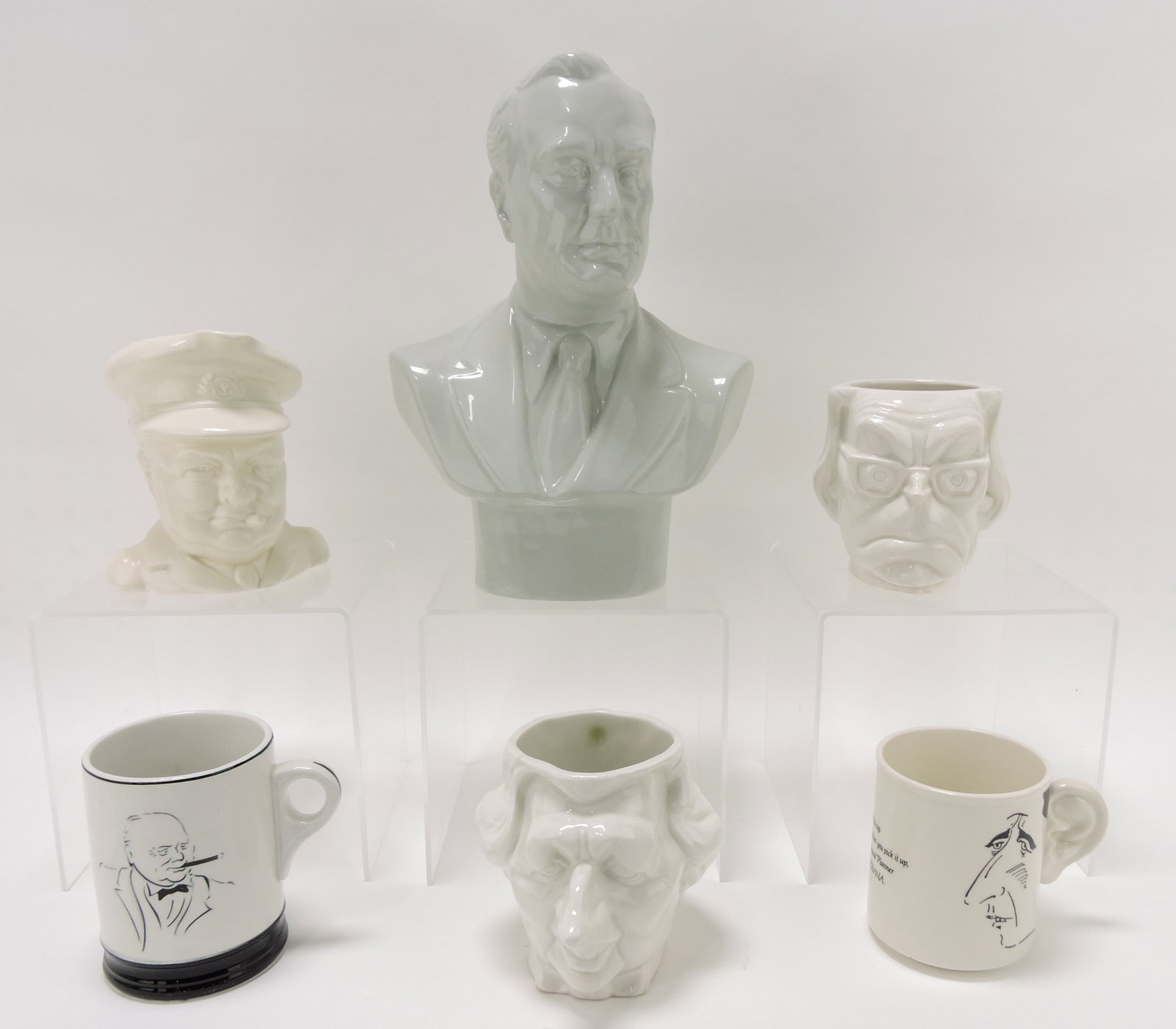 Lot of 6 character jugs, busts, and: mugs - Churchill and others
