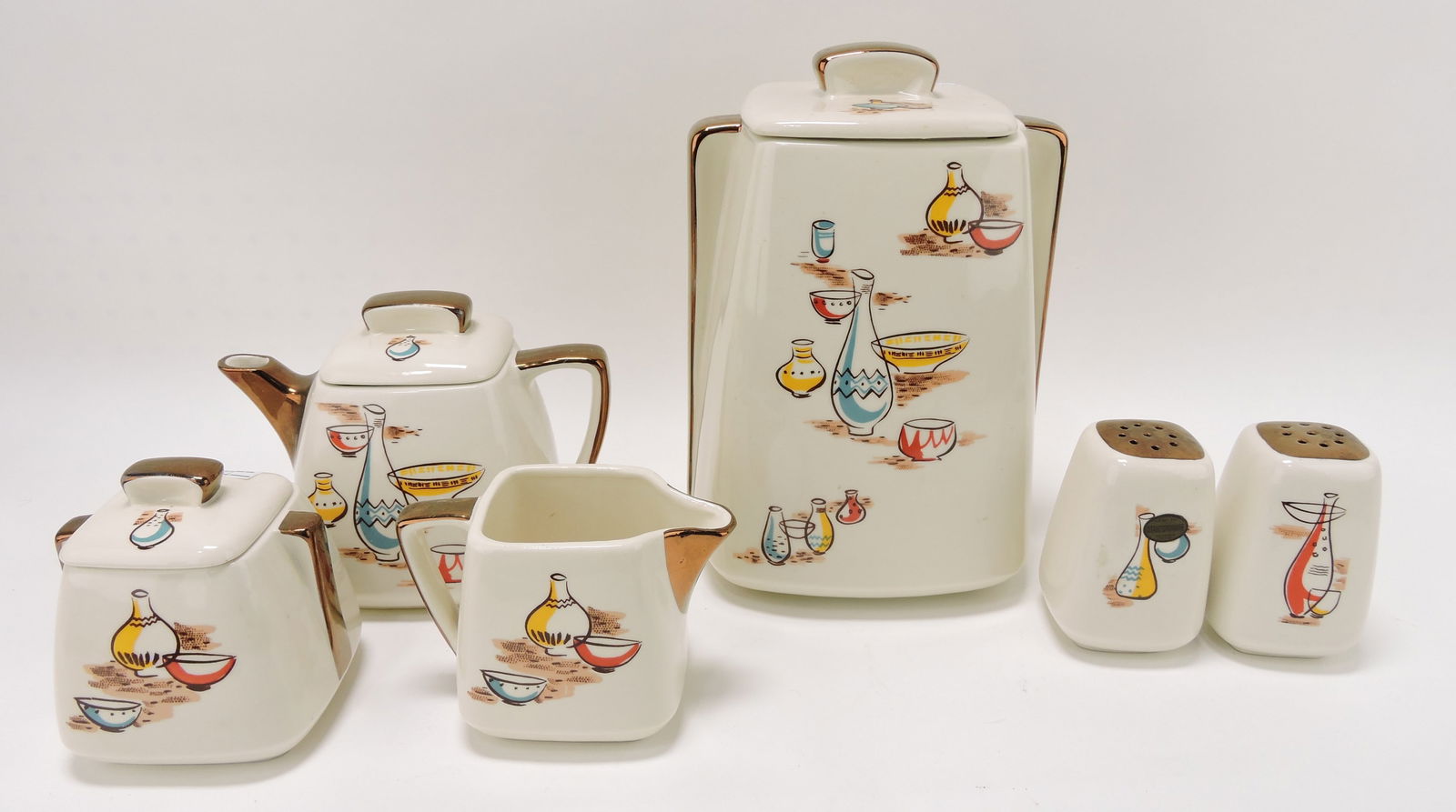 Stanford Pottery Mexicana cookie jar,: teapot, cream, sugar, and pair of shakers