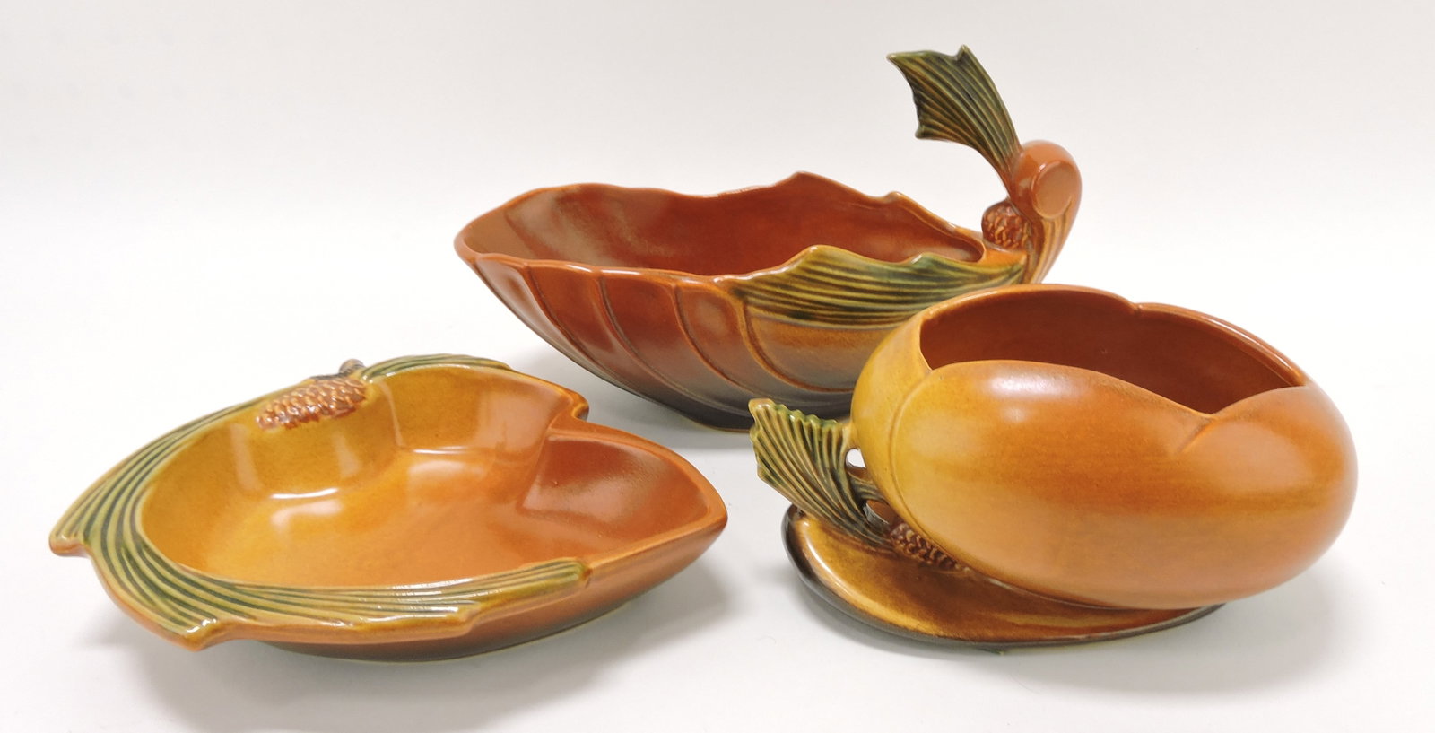 Roseville brown pinecone lot of 3 pcs:: boat dish 427-8, ashtray 497, planter 456-6