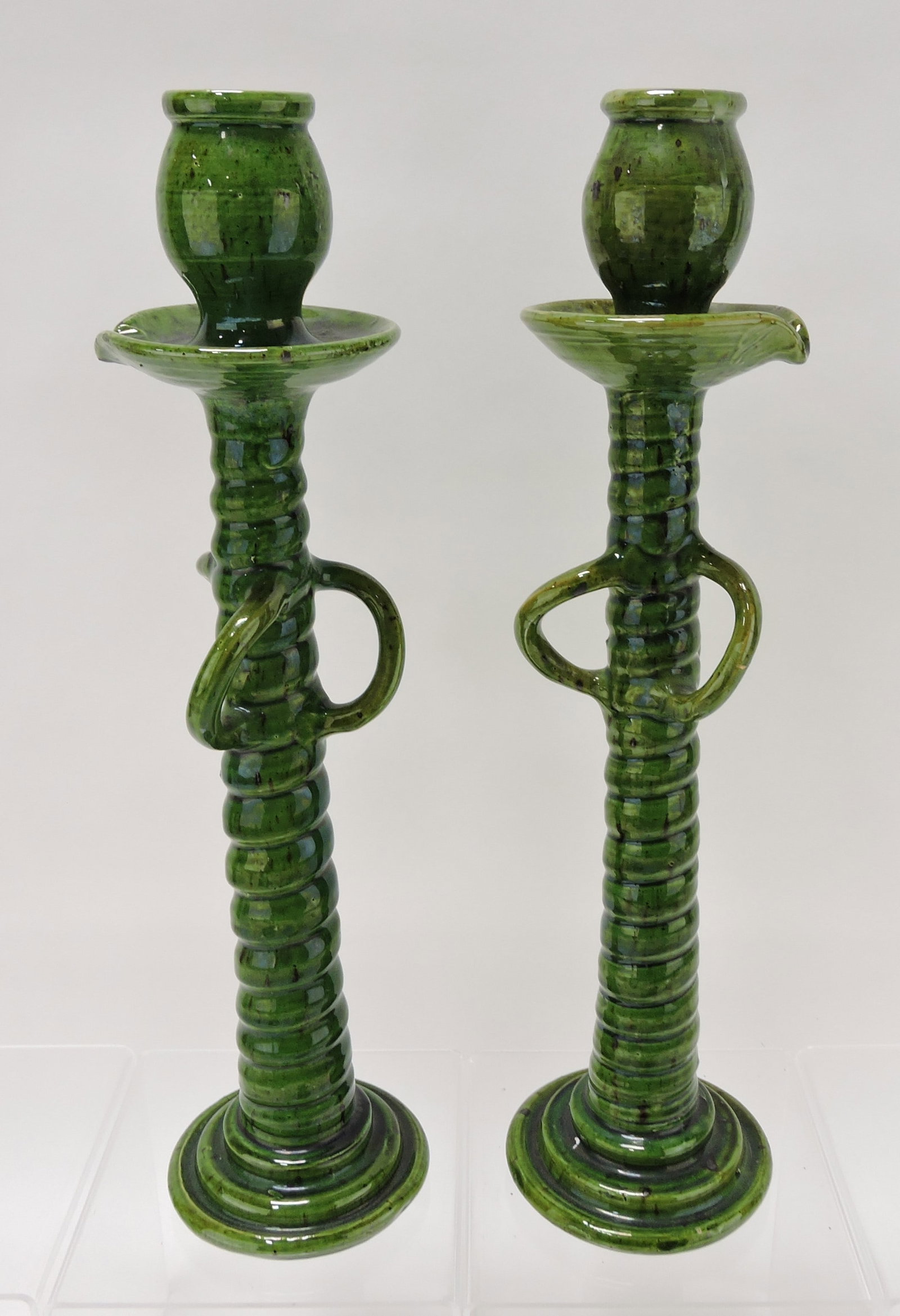 Belgium pair of pottery candle holders,: 16"
