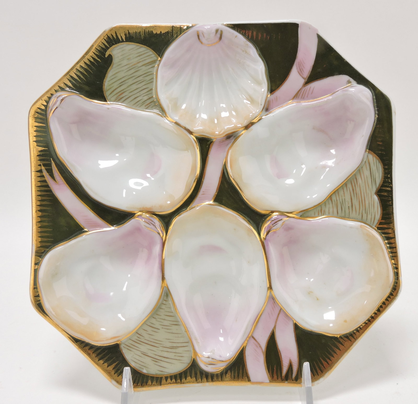 Porcelain five well square oyster plate,: 8", ref. Karsnitz p95