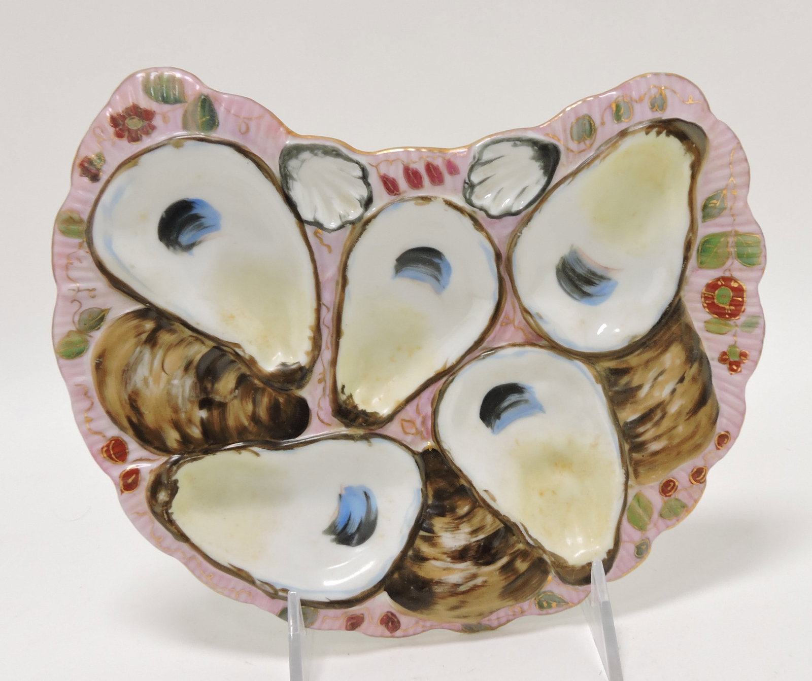 Porcelain crescent shaped five well: oyster plate, 9"; ref Karsnitz p71