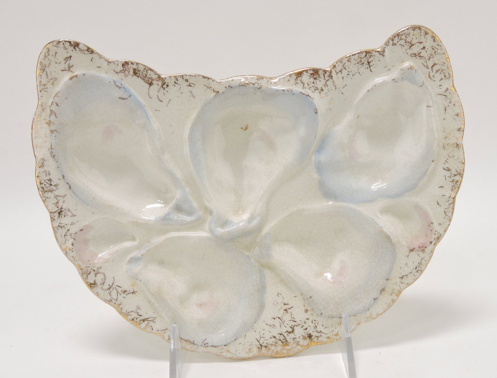 Rare New England Pottery Co ( 1880-: 1885) crescent shaped five well oyster plate, 9" ref. Karsnitz p73, 4 stars