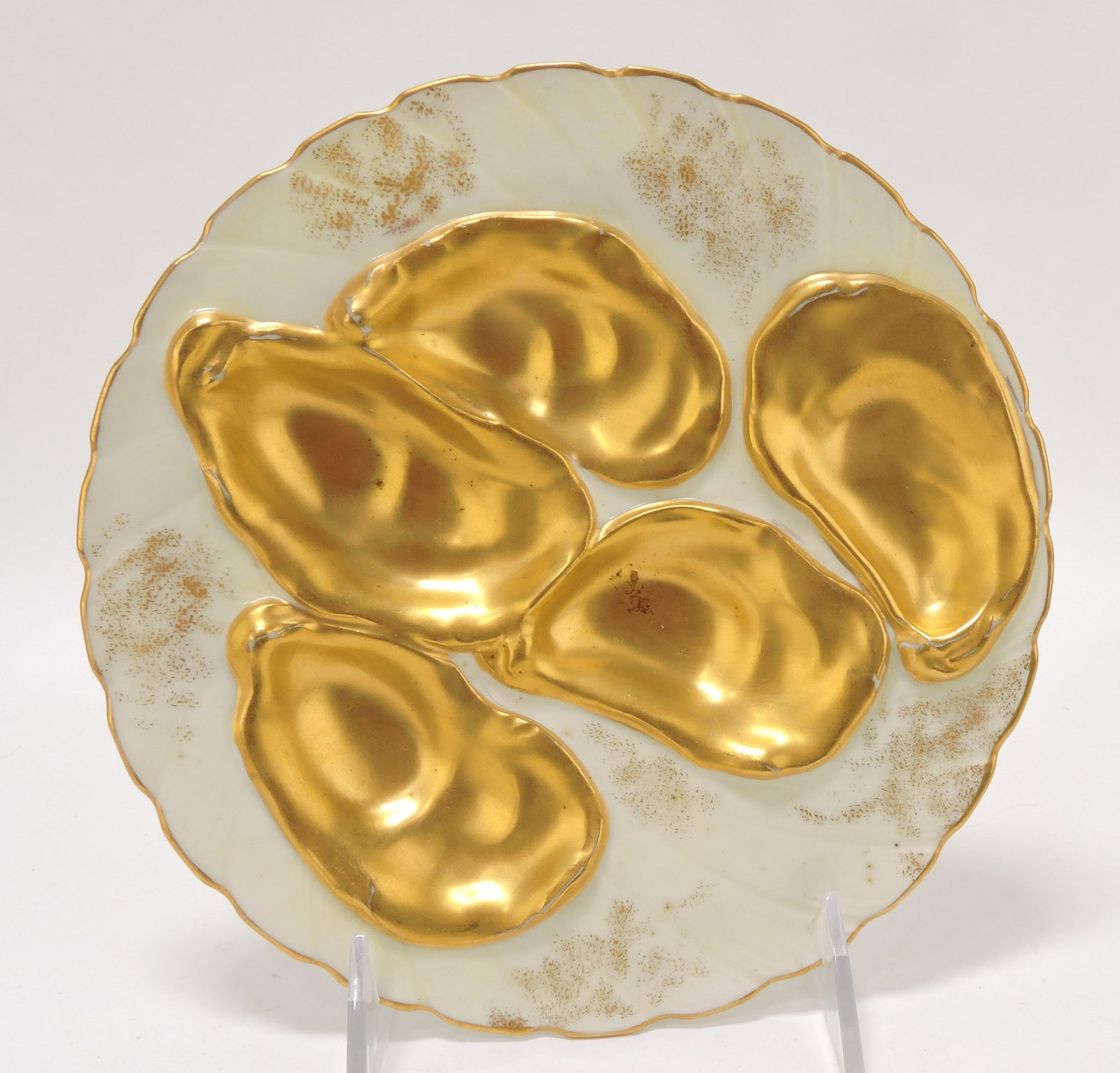 Haviland porcelain five well oyster: plate, gold wells, 7 3/4"