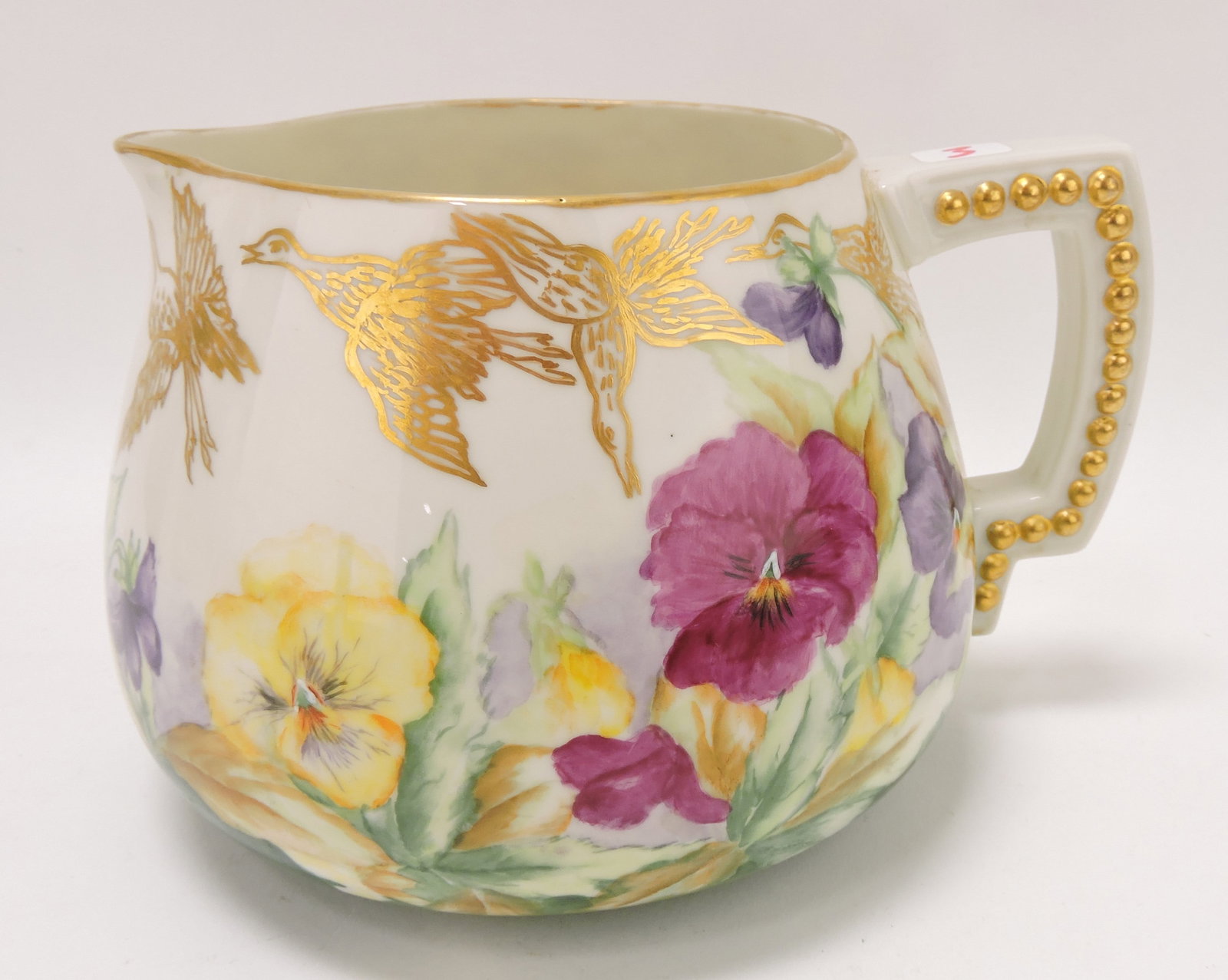 Lenox Belleek porcelain floral pitcher: with gold storks, 5 3/4"