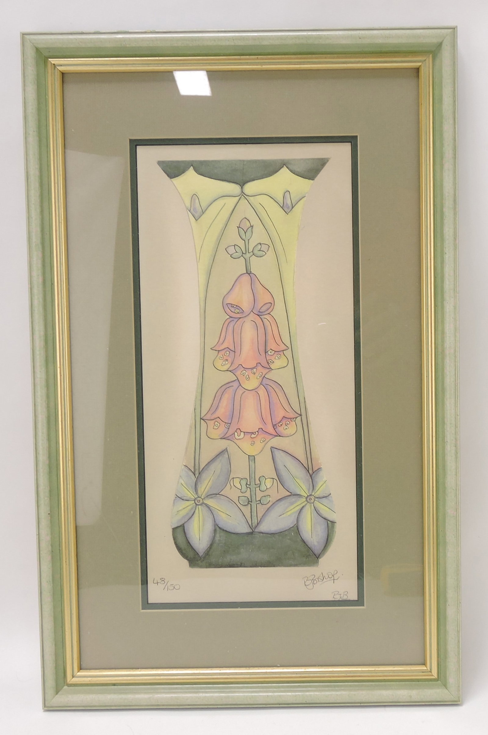 Colored lithograph of Moorcroft vase,: 20"x13"