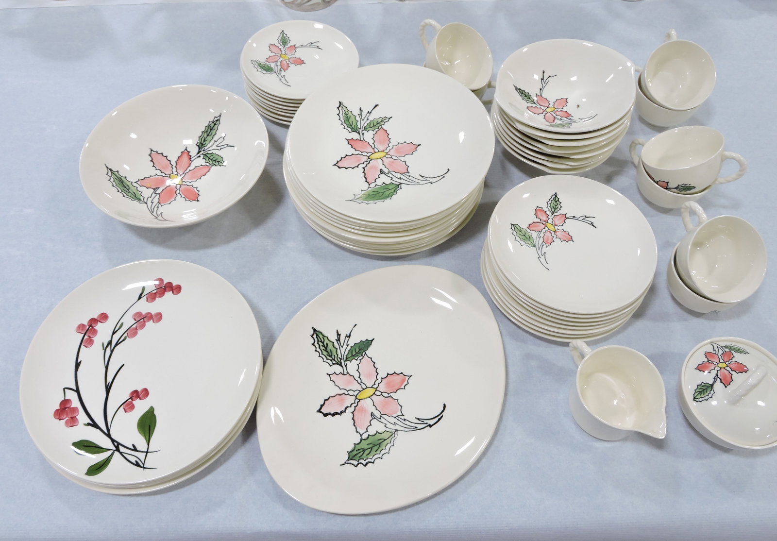 MCM Blue Ridge Christmas Poinsettia: set of dinnerware: 8 cups, 8 saucers, cream, sugar, large bowl, 8 salad plates, 15 dinner plates, 8 cereal bowls; 50 pcs PLUS 4 Blue Ridge floral dinner plates