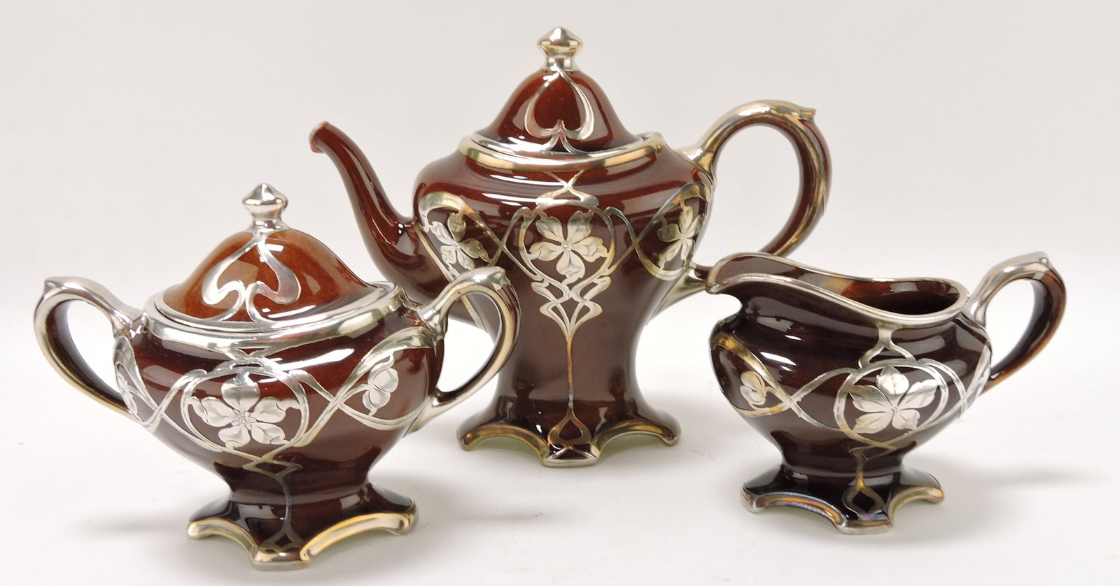 Lenox brown glazed silver overlay: 3 pc tea set