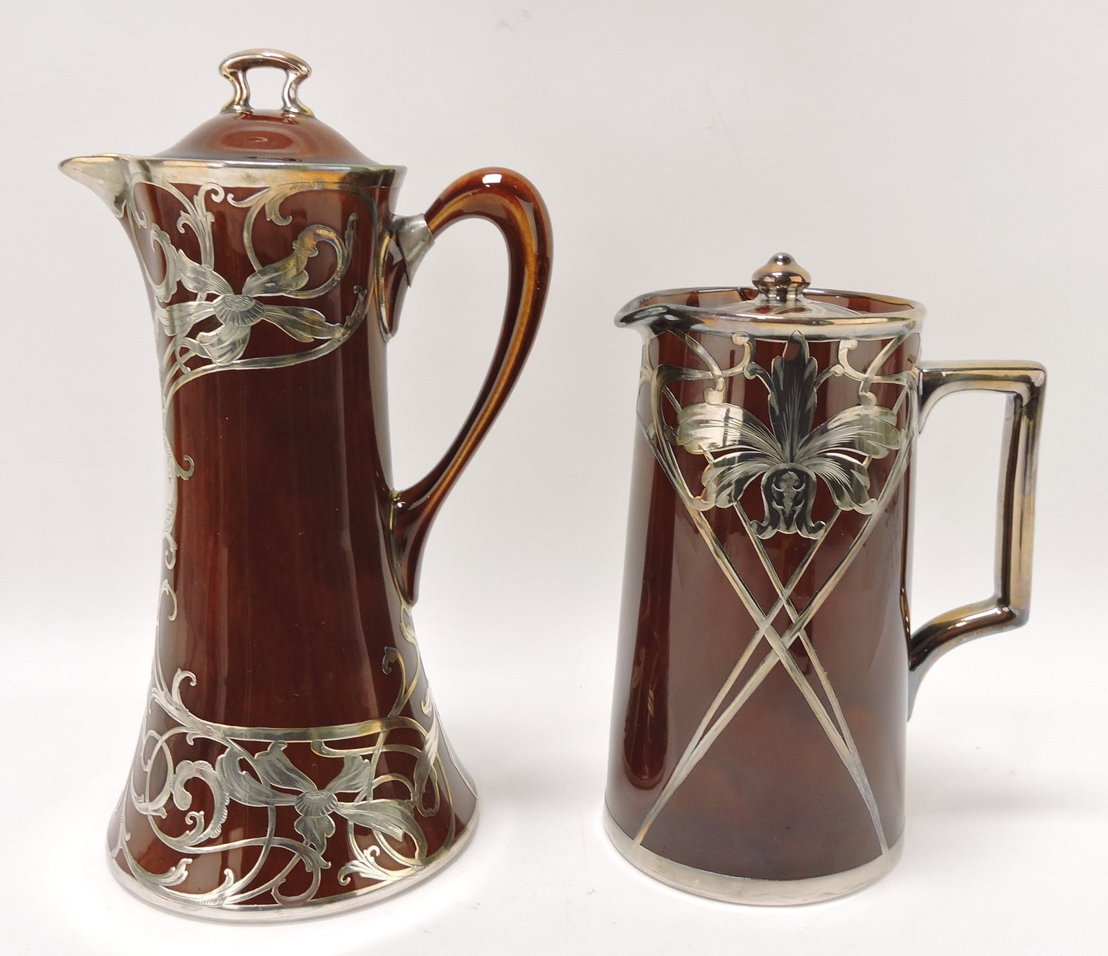Lenox brown glazed silver overlay: lot of 2 chocolate pots, 11" and 9"