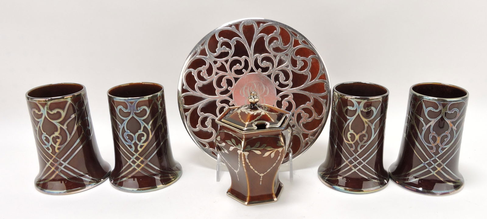 Lenox brown glazed silver overlay: tea trivet, 4 mugs, and jam pot