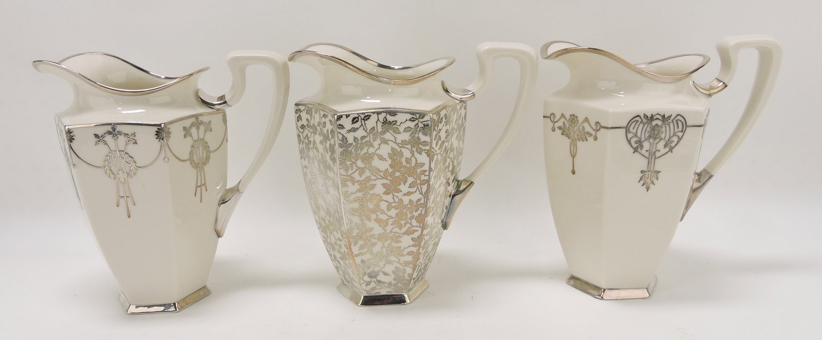 Lenox Belleek lot of 3 silver overlay: water pitchers, 8 1/2"