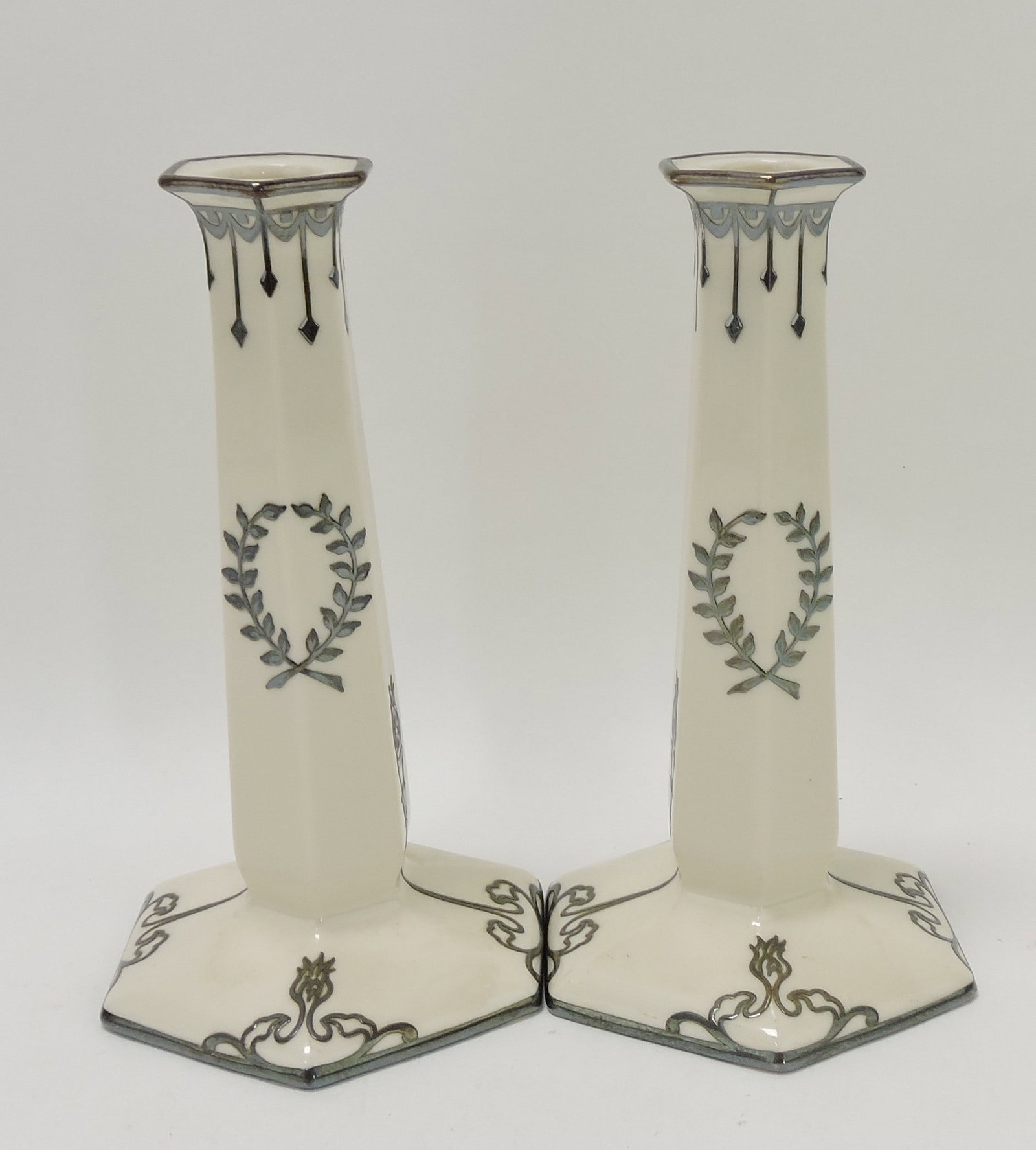 Lenox Belleek pair of 8 1/2" silver: overlay candle holders