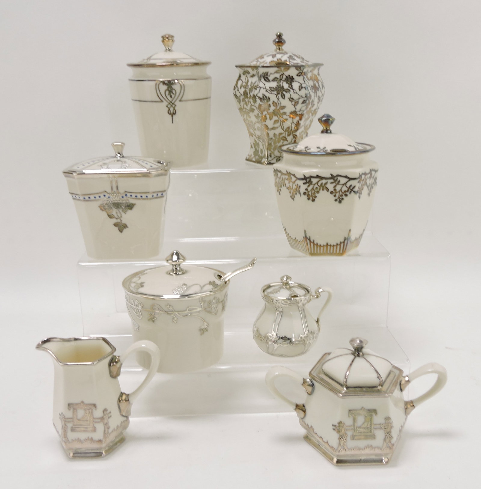 Lenox Belleek lot of 5 silver overlay: jam pots, 1 mustard, and cream/sugar