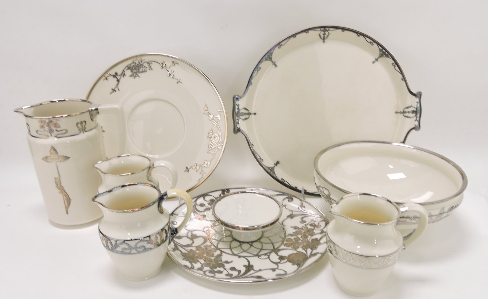 Lenox Belleek and Lenox lot of: 8 assorted silver overlay pieces
