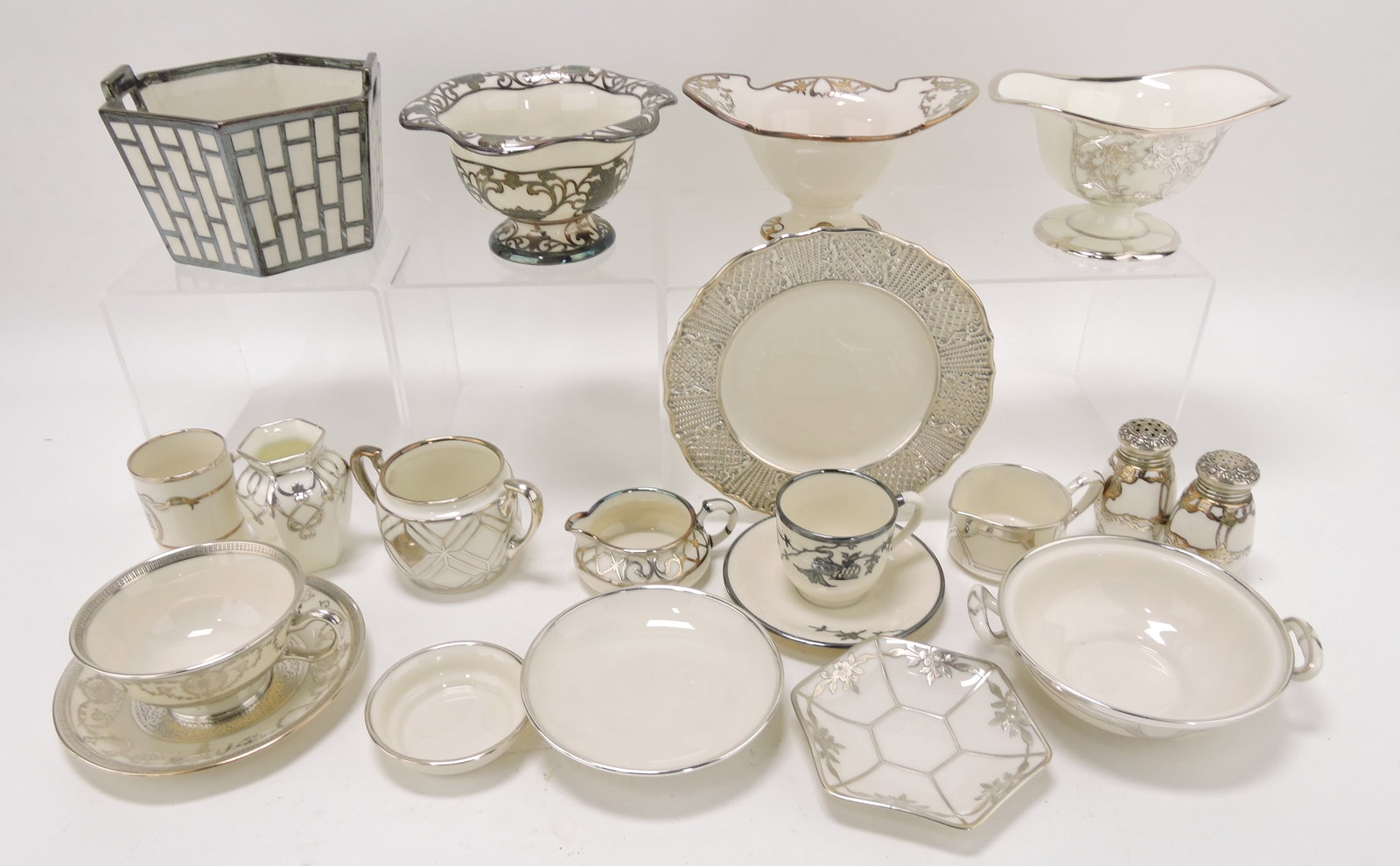 Lenox Belleek and Lenox lot of: 20 assorted silver overlay pieces