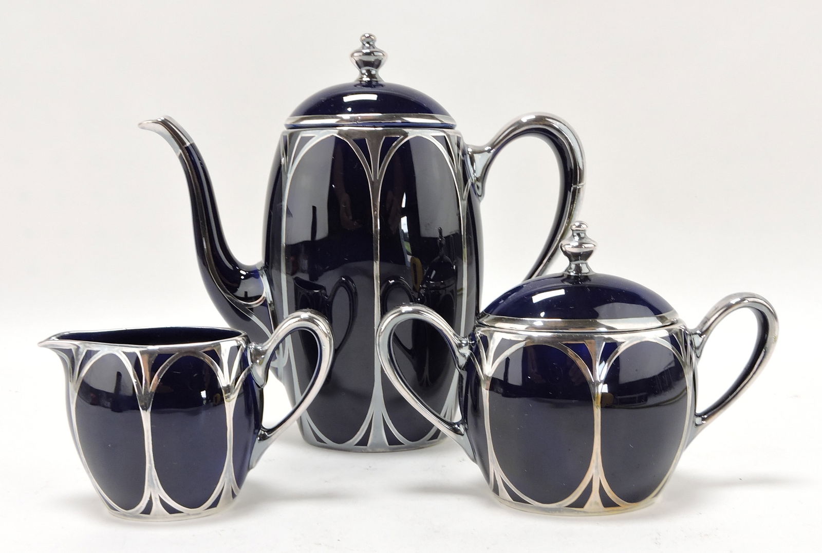 Lenox porcelain blue glazed 3 pc: silver overlay tea set, 7"