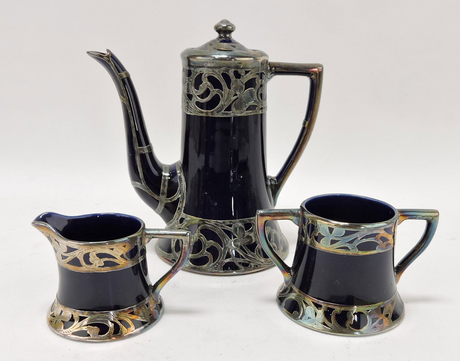 Lenox porcelain blue glazed 3 pc: silver overlay tea set, 6 1/2"