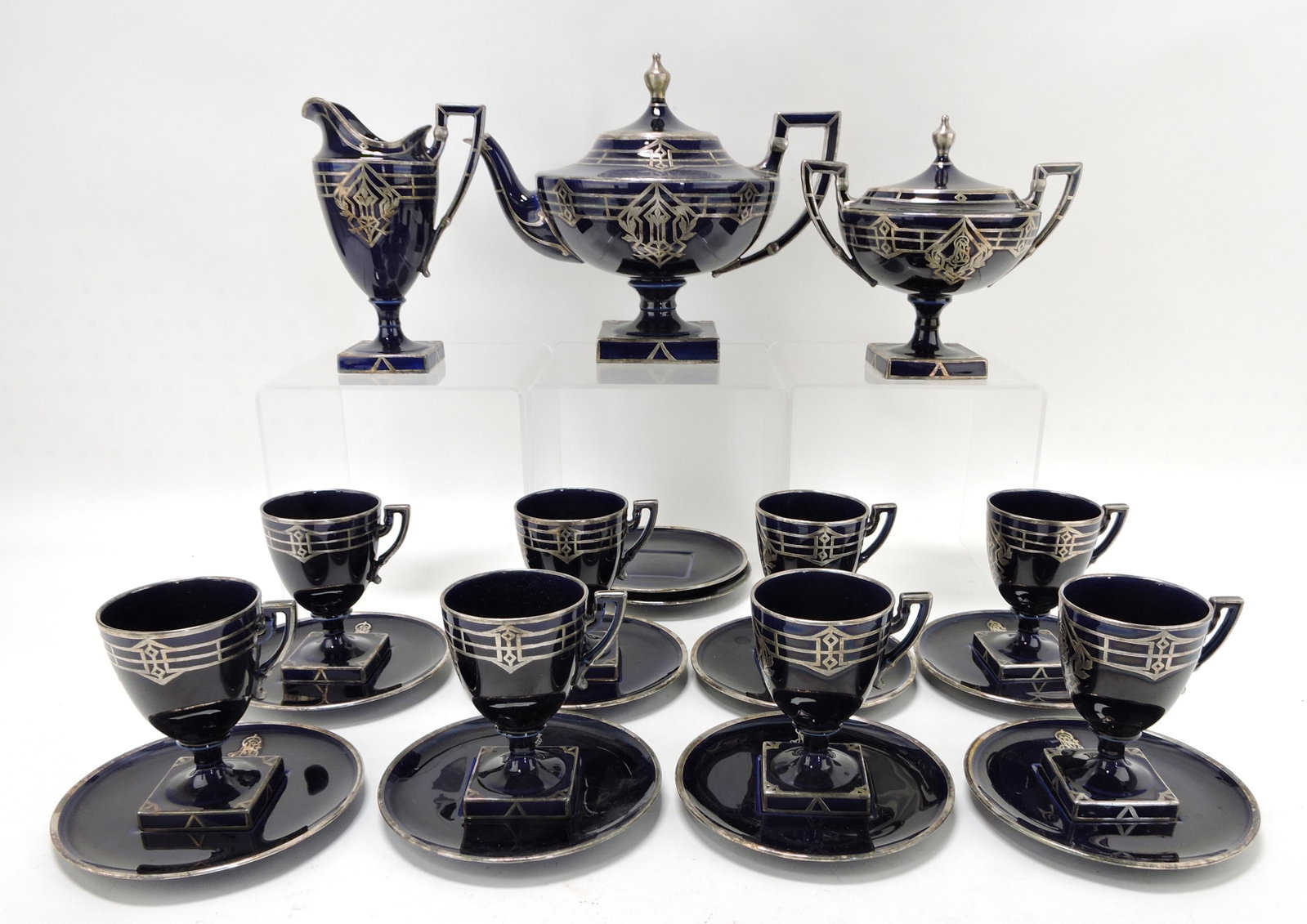 Lenox cobalt blue porcelain silver: overlay tea service - teapot, cream, sugar, 8 cups, 10 saucers