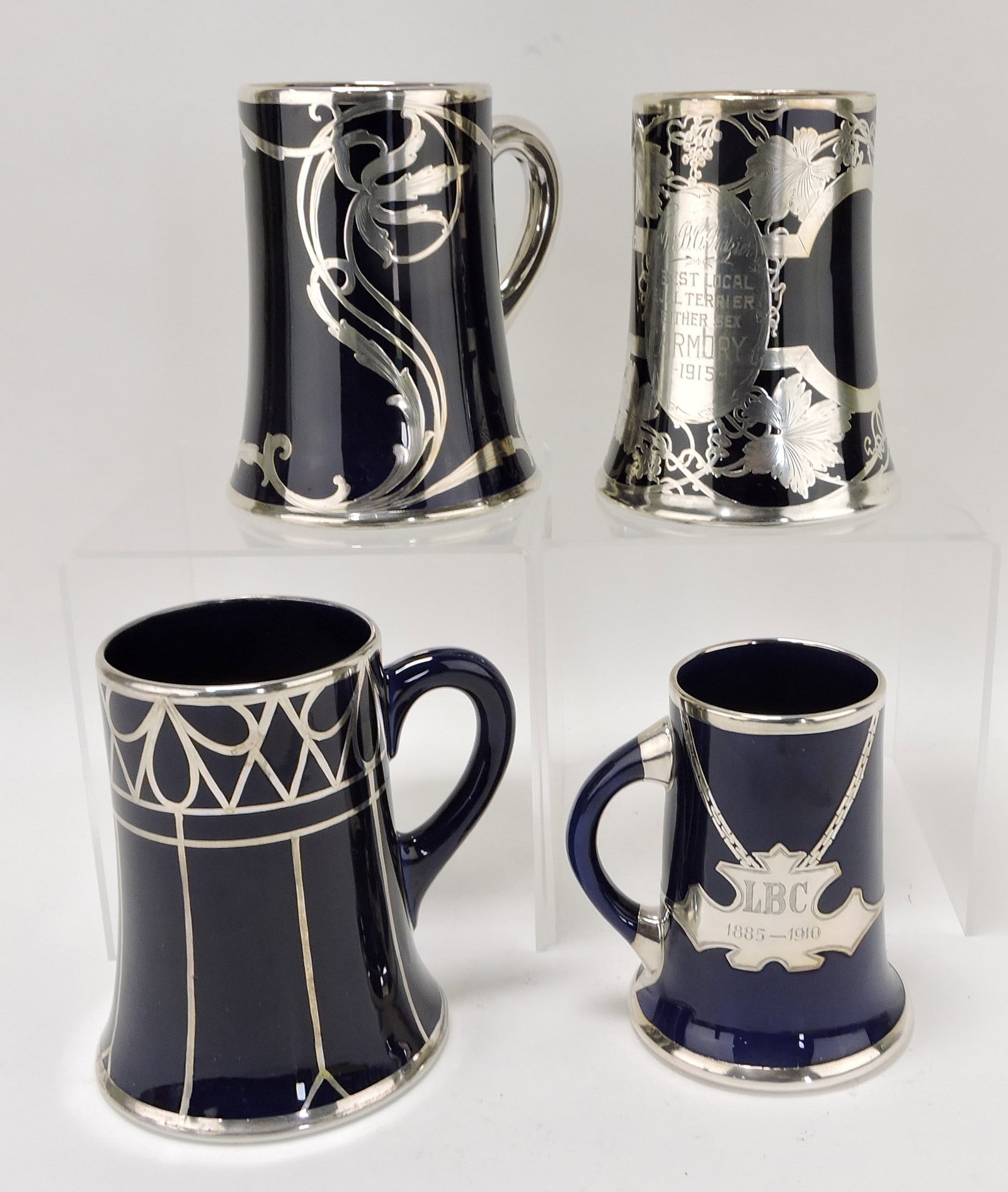 Lenox cobalt blue porcelain silver: overlay lot of 4 mugs