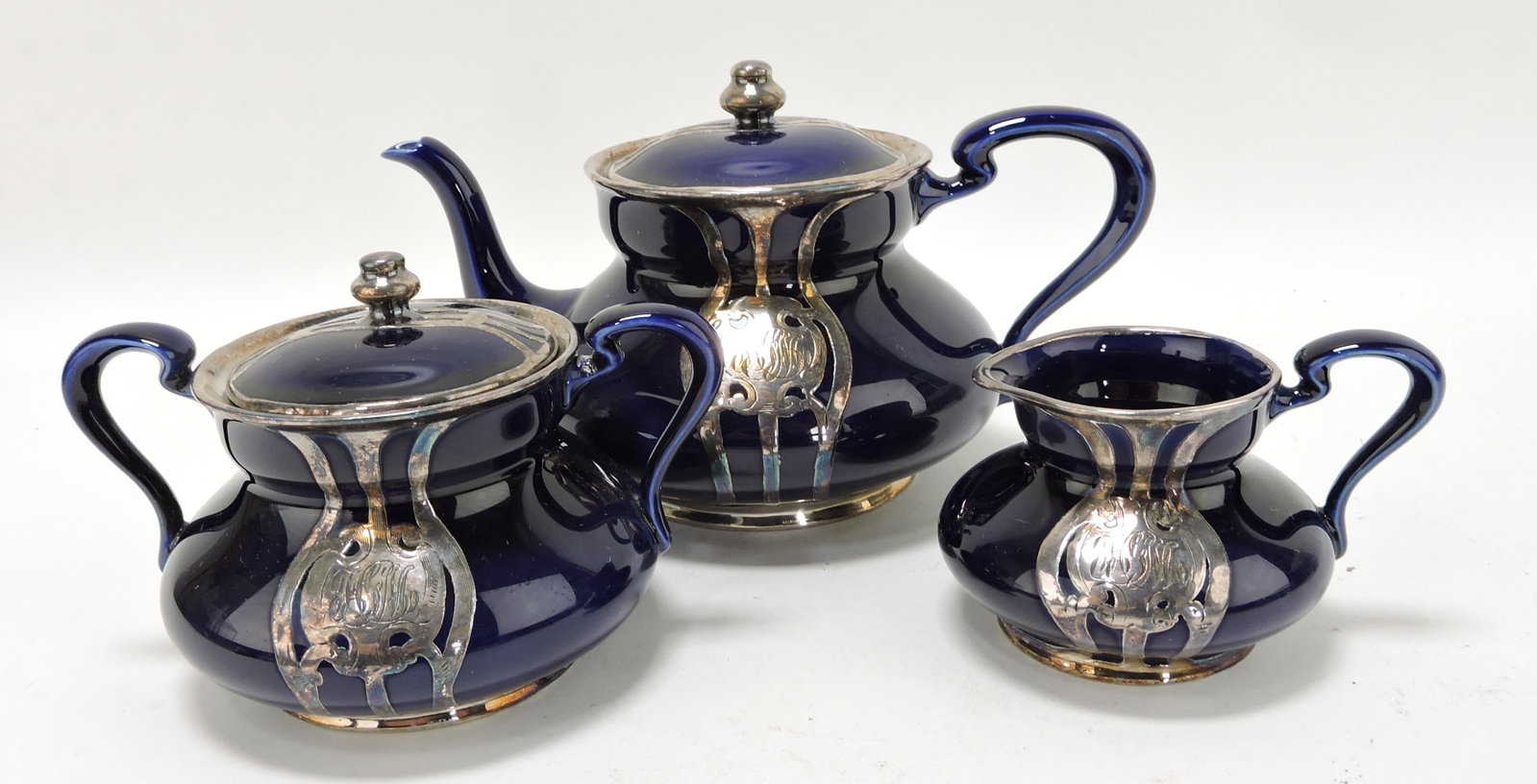 Lenox cobalt blue porcelain silver: overlay 3 pc tea set