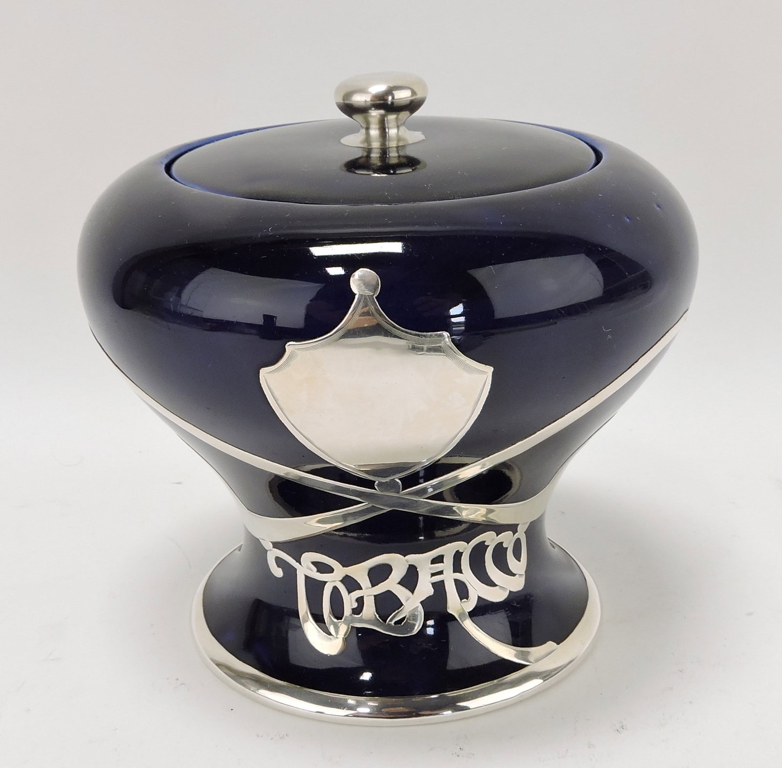 Lenox cobalt blue porcelain silver: overlay tobacco jar, 6"
